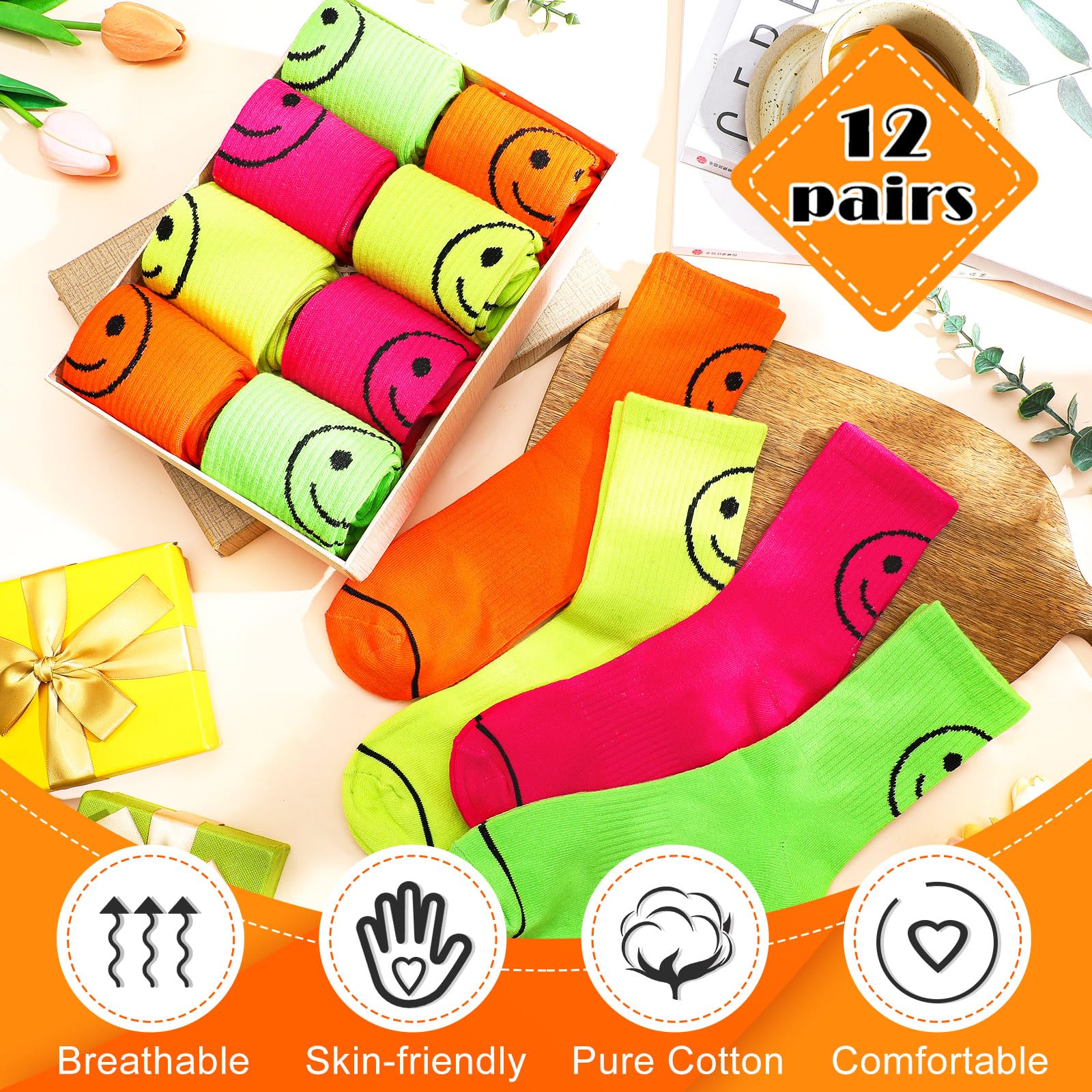 ShinyMatch 12 Pairs Neon Socks Cute Smiling Face Socks Neon Smile Face Socks Novelty Neon Crew Socks for Women Teen Girl