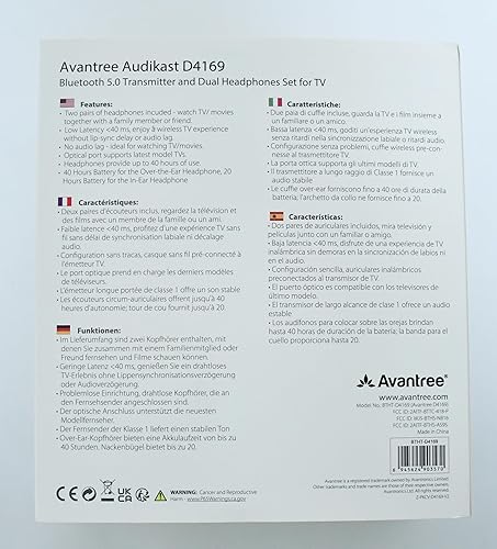 Miniatura 8 de Avantree D4169 Juego de auriculares y auriculares inalámbricos duales para ver televisión con transmisor Bluetooth, control de volumen