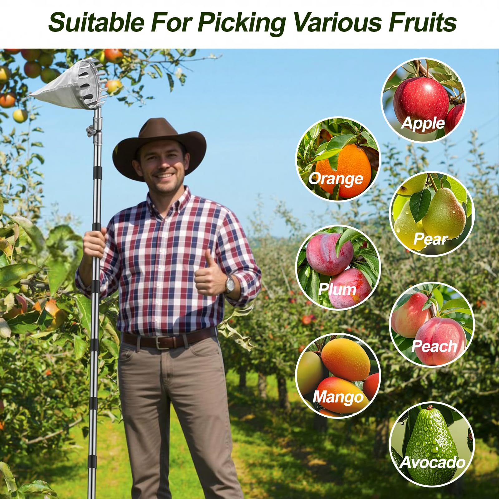 YADODO Obstpflücker mit Teleskopstiel Apfelpflücker 4.4m Obstpflücker für Kirschen Kirschenpflücker mit Teleskopstiel Kirschpflücker mit Teleskopstiel Zitrus Birnen Kirschen Pflücker Pflaumenpflücker