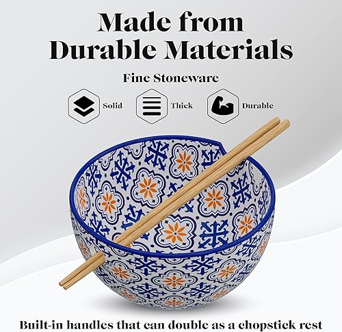 Miniatura 6 de American Atelier Tazón para ramen con palillos, juego de 2, cuencos de sopa para cocina, cuencos de fideos Udon con palillos, cuenco de sopa de