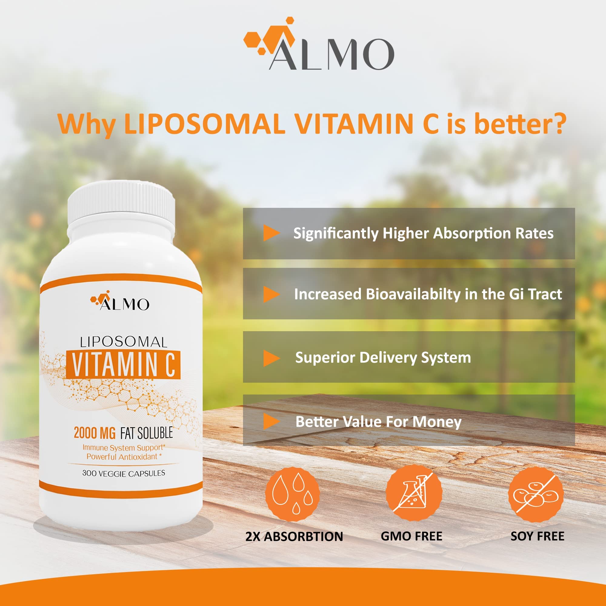Premium Liposomal Vitamin C 2000mg, 300 Capsules Immune System