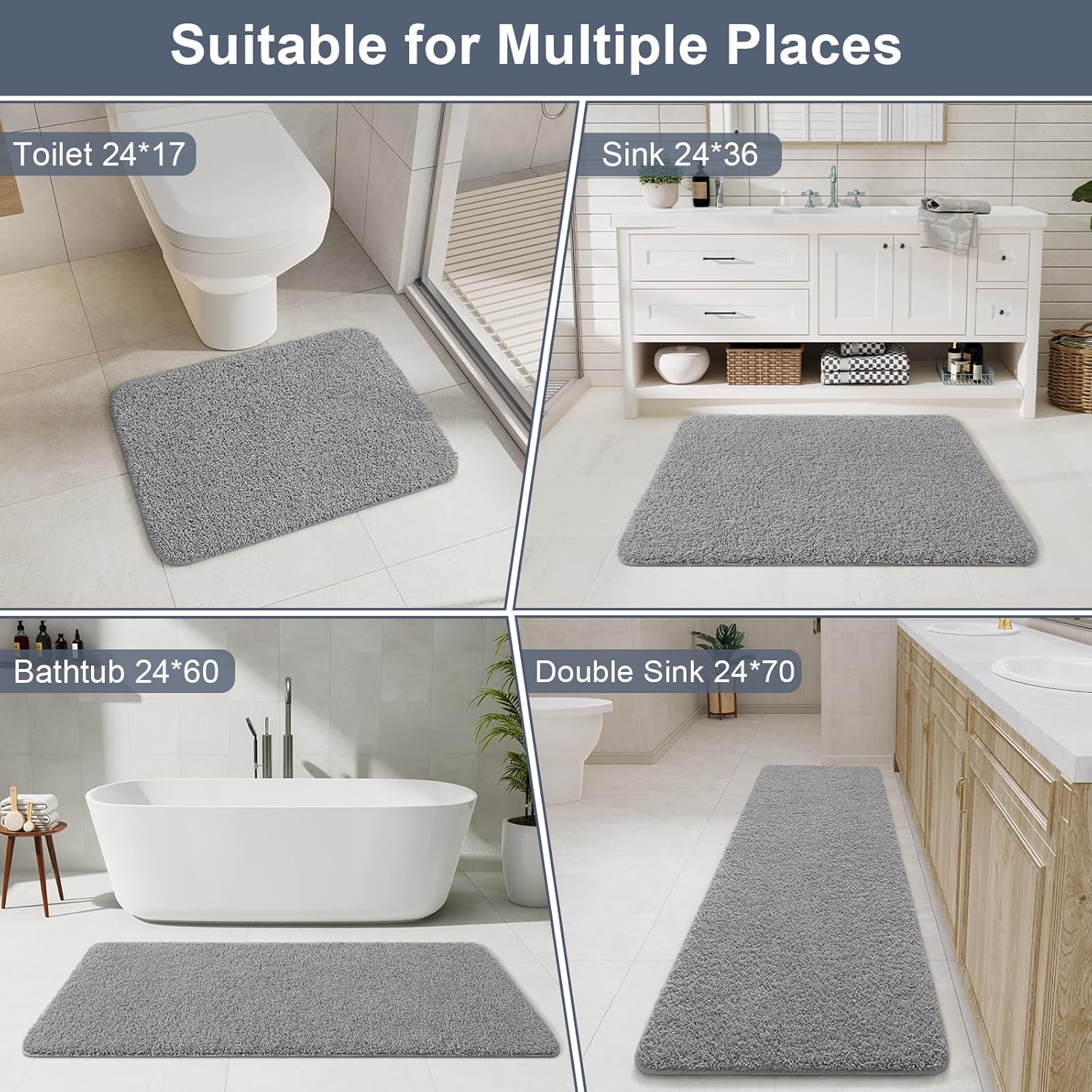 LOCHAS Bathroom Runner Rug, 24" x 70" Long Bath Rugs Non Slip Washable, Luxury Shaggy Large Bath Mat Absorbent, Soft Cozy Bathroom Rug Runner for Shower Quick Dry, Grey - Image 7