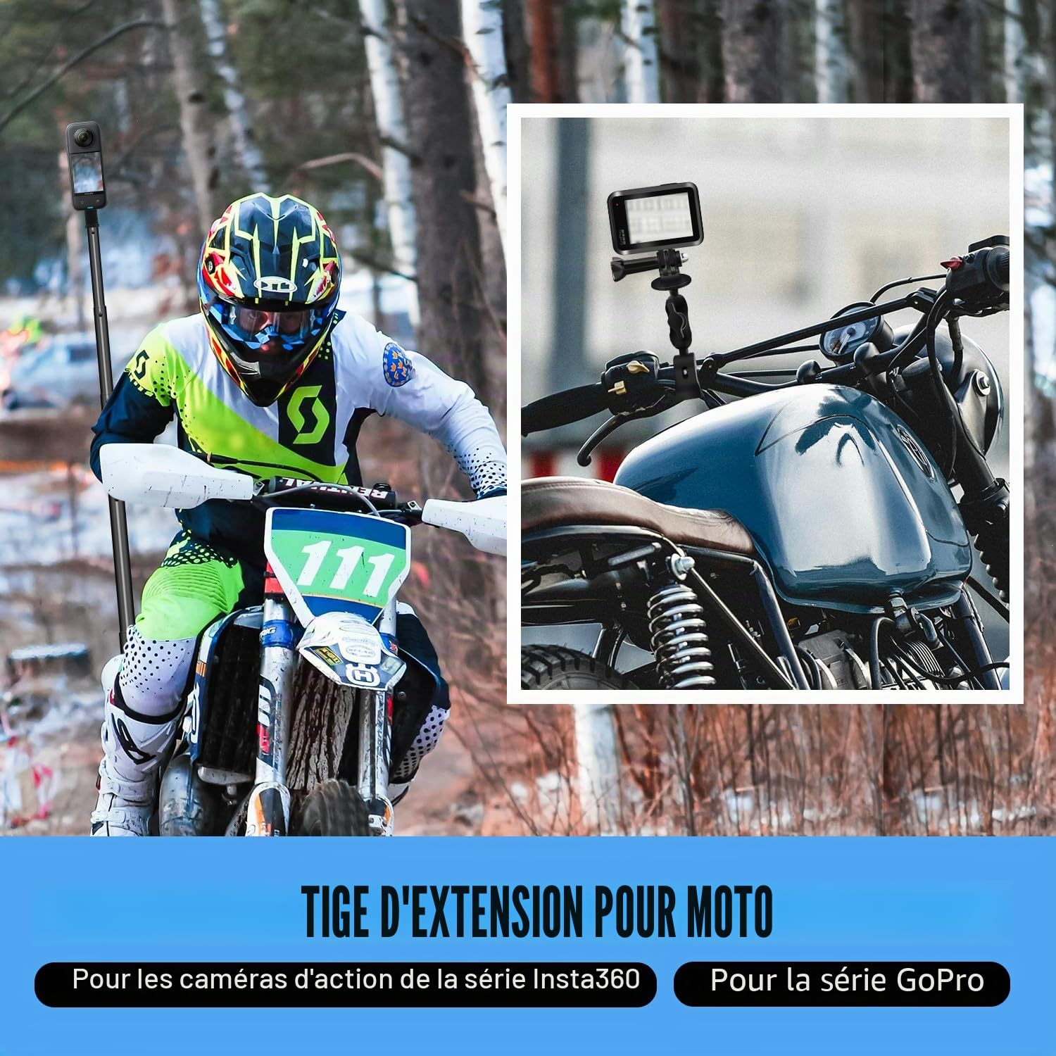 Moto Vélo Guidon Serrer Monter avec 59" Invisible Selfie Bâton Compatible pour Insta 360 X5 X4 X3 X2 X Un RS R Aller 3 Aluminium Alliage Lourd-Devoir Caméra Double Serrer Monter Trousse