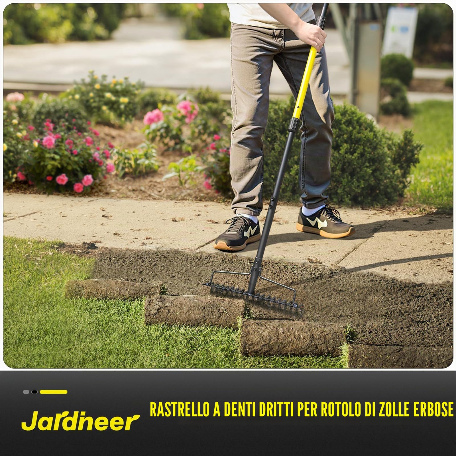 Jardineer Rastrello ad arco resistente, con manico lungo, in metallo, per ghiaia, rocce, foglie di prato, livellamento del terreno, paesaggistica, rastrello da giardino con 18 denti in acciaio (150 cm