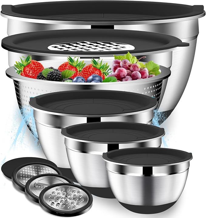 DUTZUN Mixing Bowls with Lids Set, Stainless Steel Mixing Bowls with Colander, Strainer with Mixing Bowl Set, Serving Bowl Kitchen Gift, Size 4.5, 2.5, 2, 1.5QT - Black
