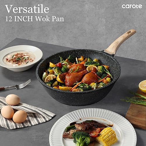 Miniatura 4 de CAROTE Wok antiadherente con tapa de 30.5 cm4.99 L Woks y sartenes para freír Sartén wok antiadherente de granito para inducción Sartén para freír