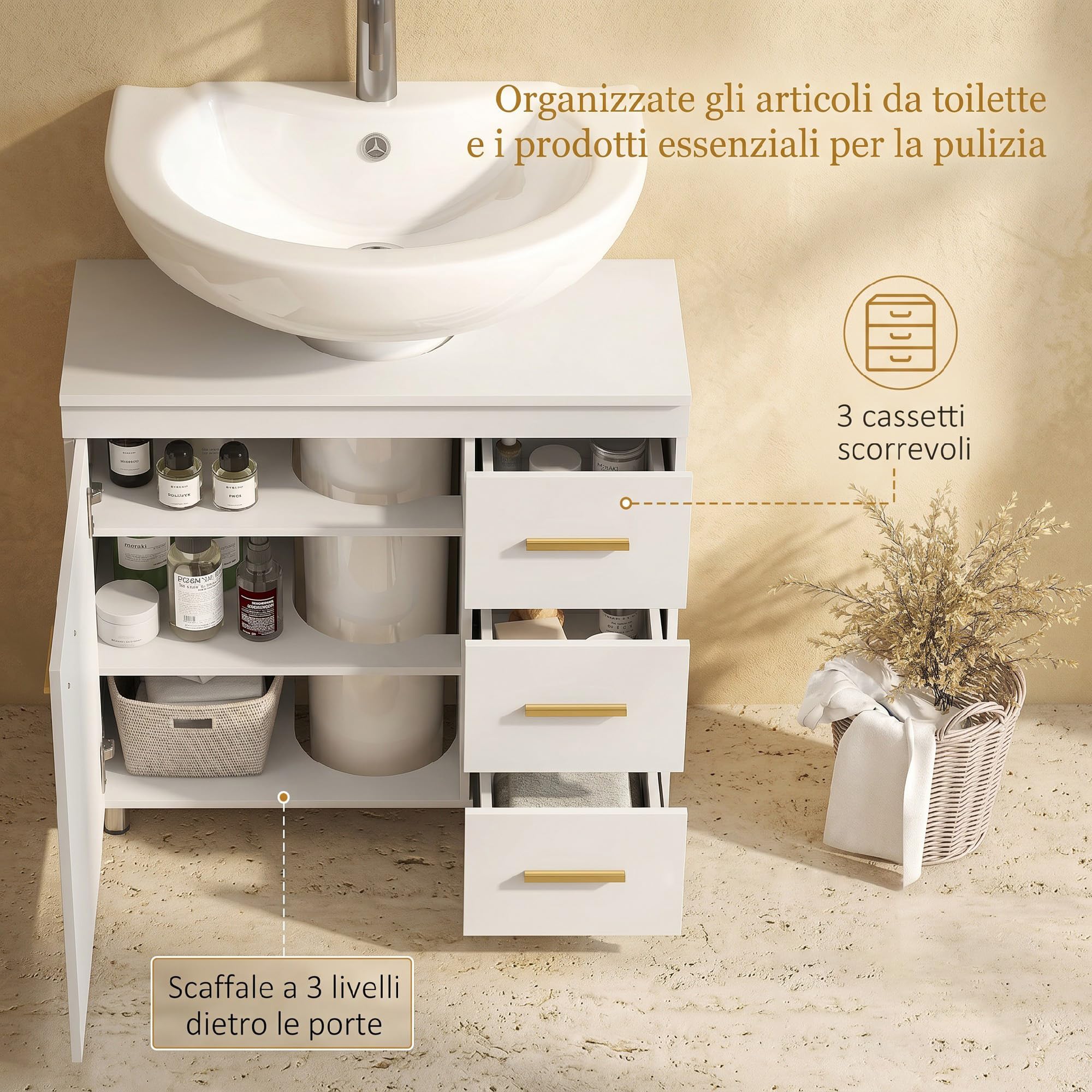 HOMCOM Mobile Sottolavabo per Bagno Salvaspazio 70x30x65cm Bianco | Intaglio a U, Armadietto a 3 Ripiani Soft Close, Mobiletto con 3 Cassetti, per Lavabi con o senza Piedistallo