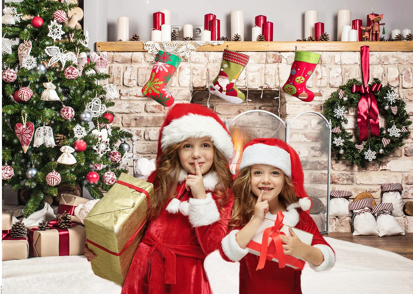 Kate Christmas Green Backdrops Luxurious Indoor Decor Photo Backdrops Fireplace
