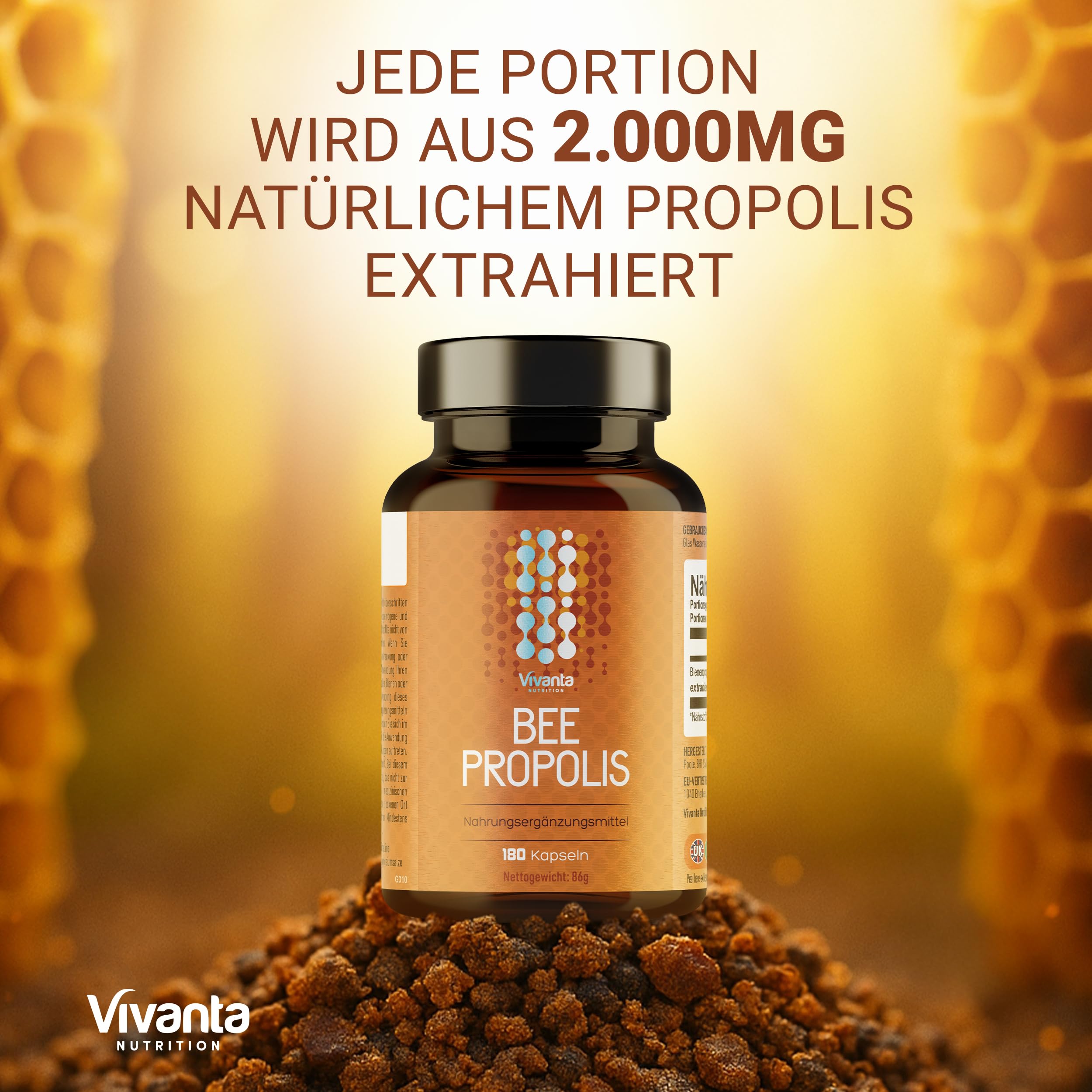 Propolis Kapseln – Hochdosierte Bee Propolis 5:1 Extrakt aus 2.000mg Rohpropolis – 3-Monatsvorrat – 180 Kapseln