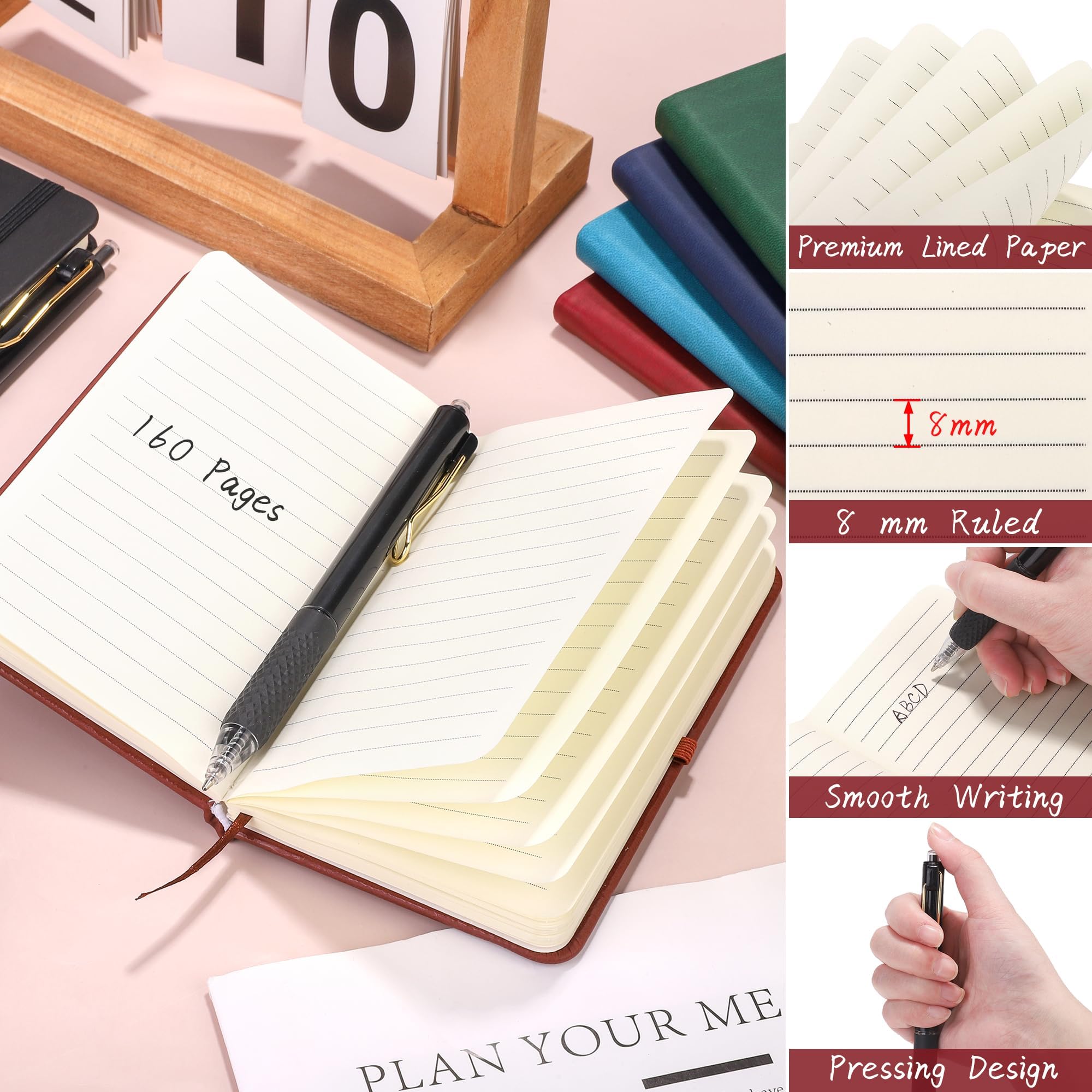 Aodaer 50 juegos de cuadernos de bolsillo con bolígrafos, 160 páginas, 3.5 x 5.5 pulgadas, mini cuaderno rayado A6 de cuero de tapa dura con soporte para bolígrafo para la escuela, oficina, multicolor