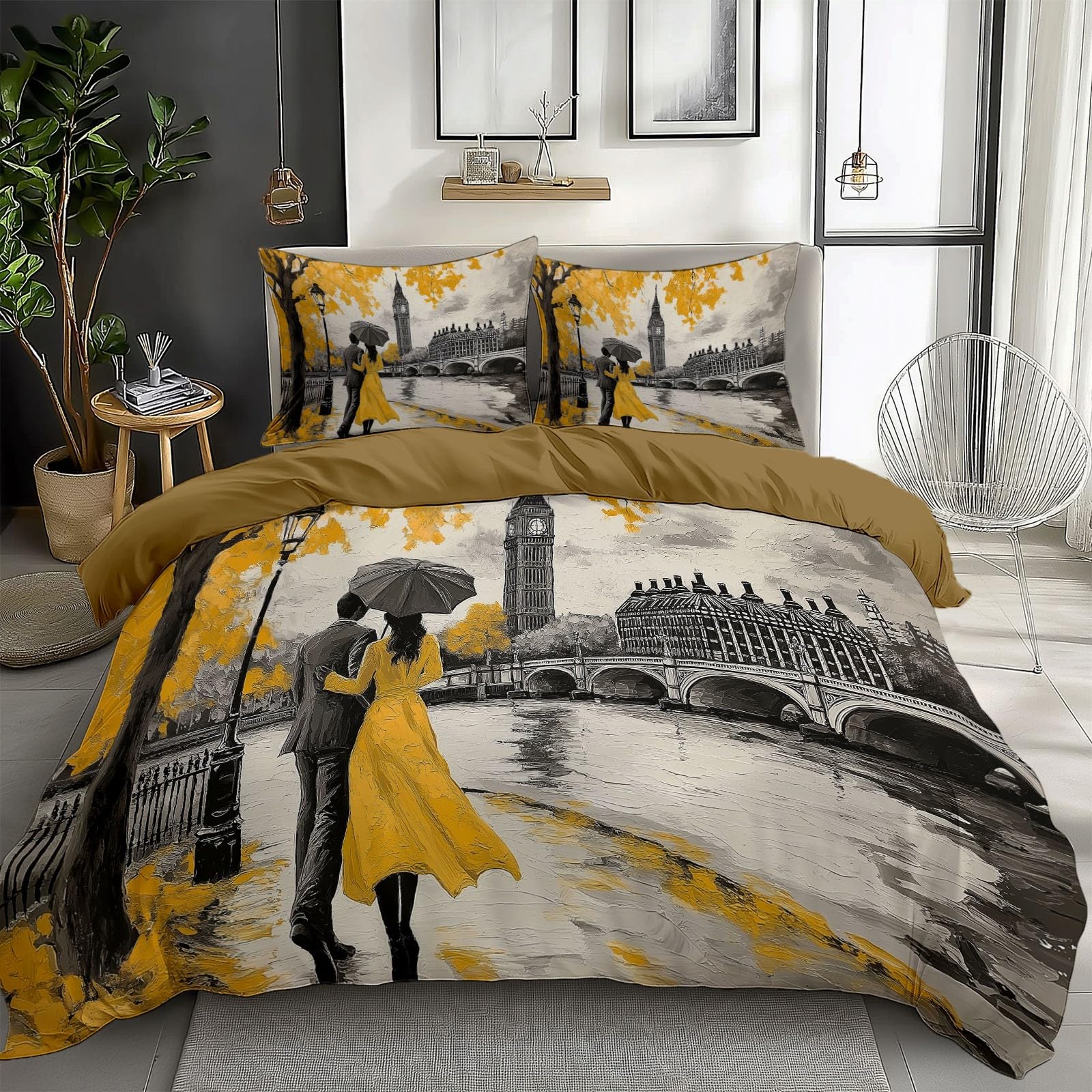 Dark Goldenrod Bedding Sets Oil Painting London Love Gray Print Duvet Cover Set, Comforter Cover Full Size Soft Breathable Reversible 3-Piece Bedding for Kids Teens
