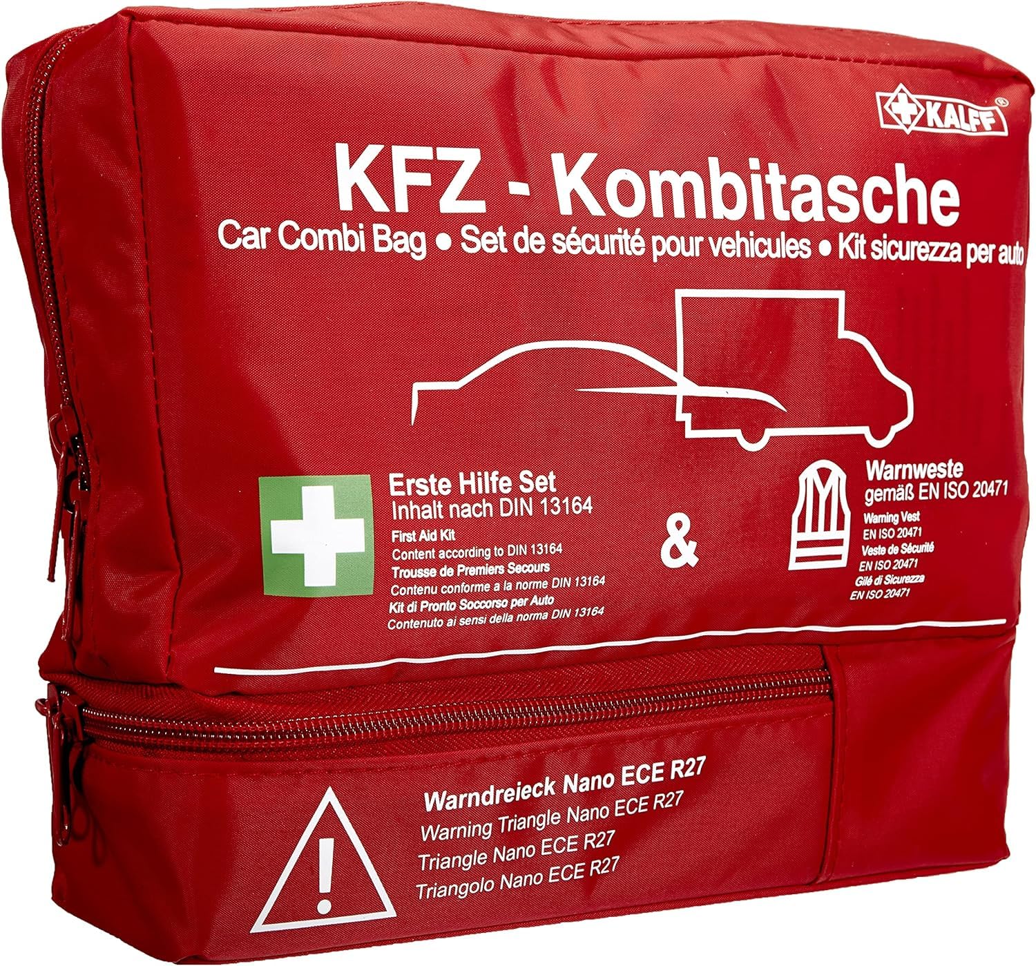 Kalff KFZ Kombitasche TRIO Compact, Verbandstasche Auto + Warnweste + Warndreieck NANO mit Erste Hilfe Broschüre