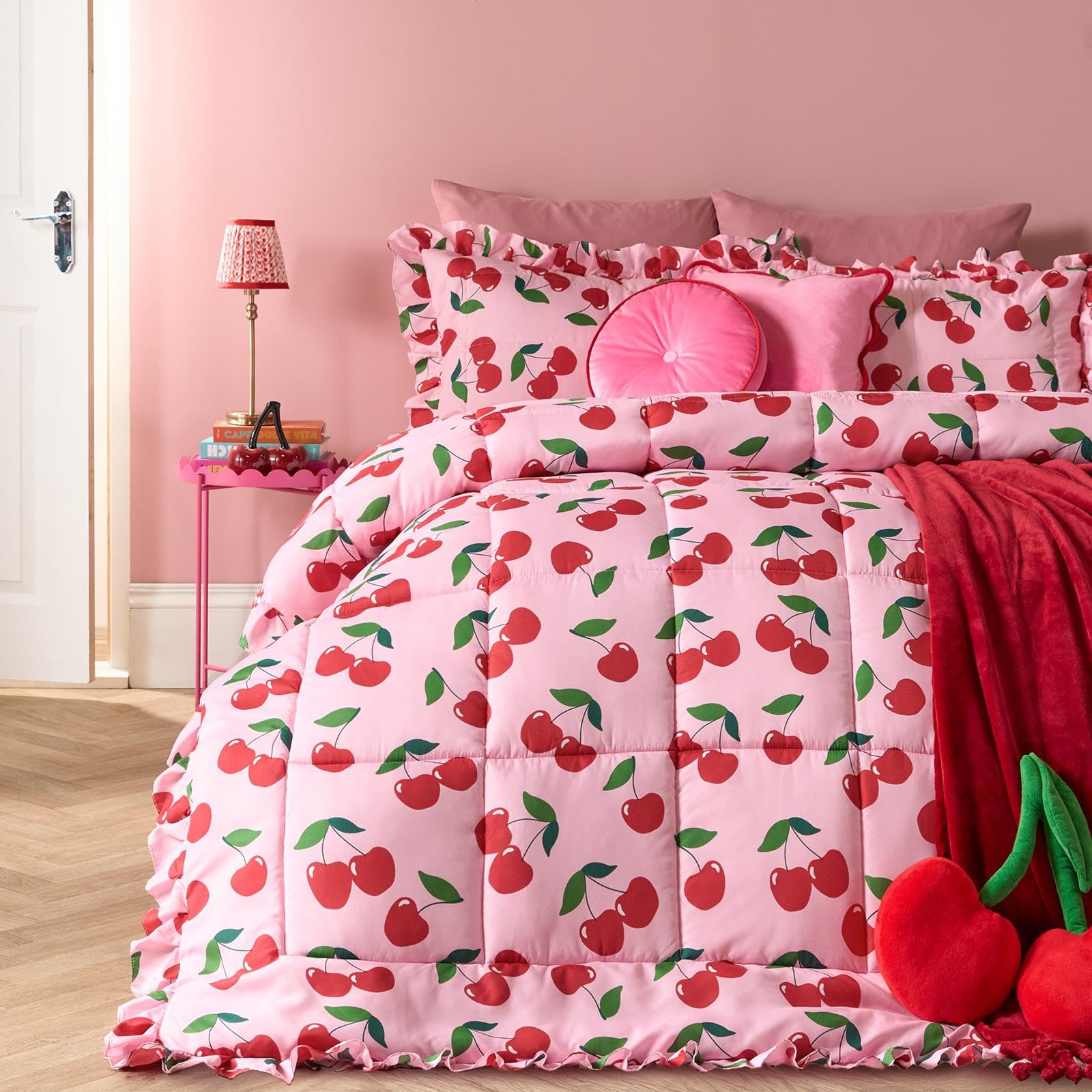 OHS Cherry 7.5 Tog Coverless Duvet Double, Gifts for Women Reversible Washable Coverless Duvet Soft Warm Microfibre Summer Camping Christmas Blanket Quilt Double Duvets with Pillowcases