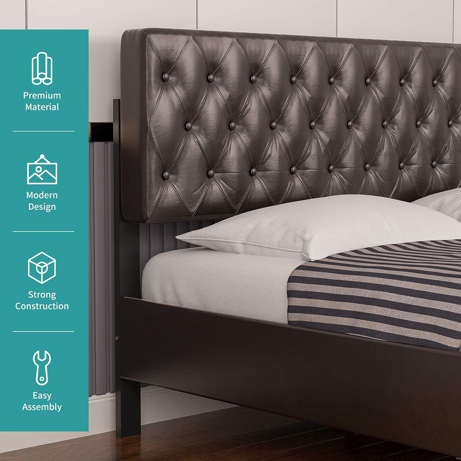 mecor Brown Full Size Upholstered Faux Leather Platform Bed Frame, Adjustable Button Tufted Headboard, Wooden Slat Support - Easy Assembly - No Box Spring Needed(Brown, Full)