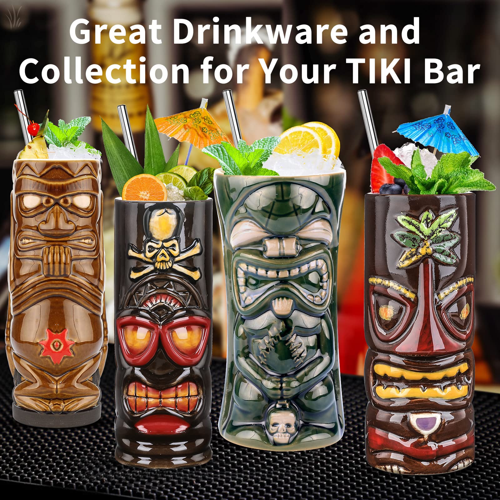 Snapklik.com : Tiki Mugs Set Of 4 Large Ceramic Tiki Glasses Hawaiian ...