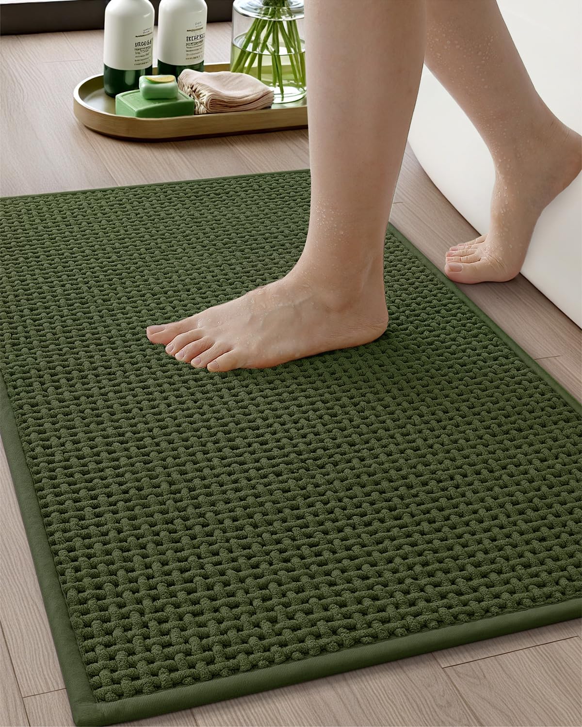 Alfombras de baño de pelo de chenilla de color y geometría mejoradas más apretadas, 43 x 75 cm, alfombrillas de baño verdes absorbentes antideslizantes para el baño, ajuste delgado debajo de la puerta