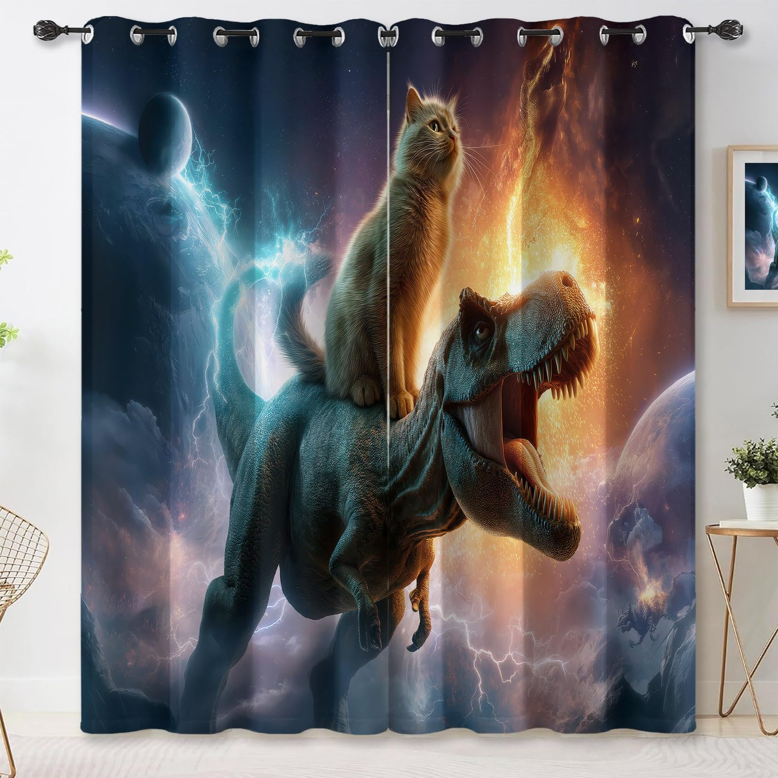 Générique Rideau Occultant Polyester Science-Fiction Rideaux Thermiques à Oeillets, Espace Chat Dinosaure Rideaux Imprimé pour Chambre Cuisine Décoration 140 X 245 cm (LxH) (L x H), Lot de 2