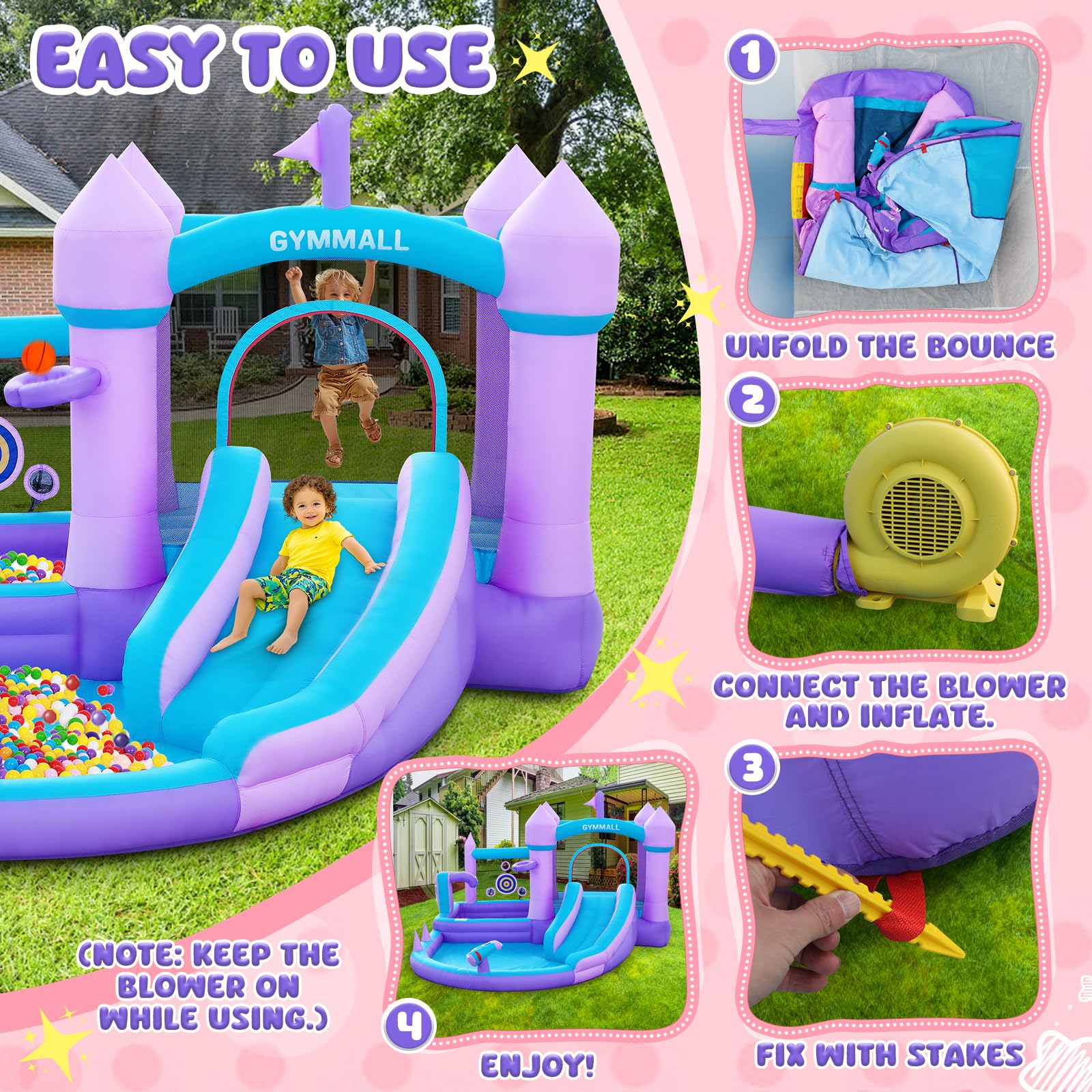 Castillo Inflable para Niños de 3-8 años, Casa de los Sueños Morada con Tobogán de Agua y Soplador de 480W, Gran Castillo Inflable con Zona de Salto, Piscina de Bolas, Alberca