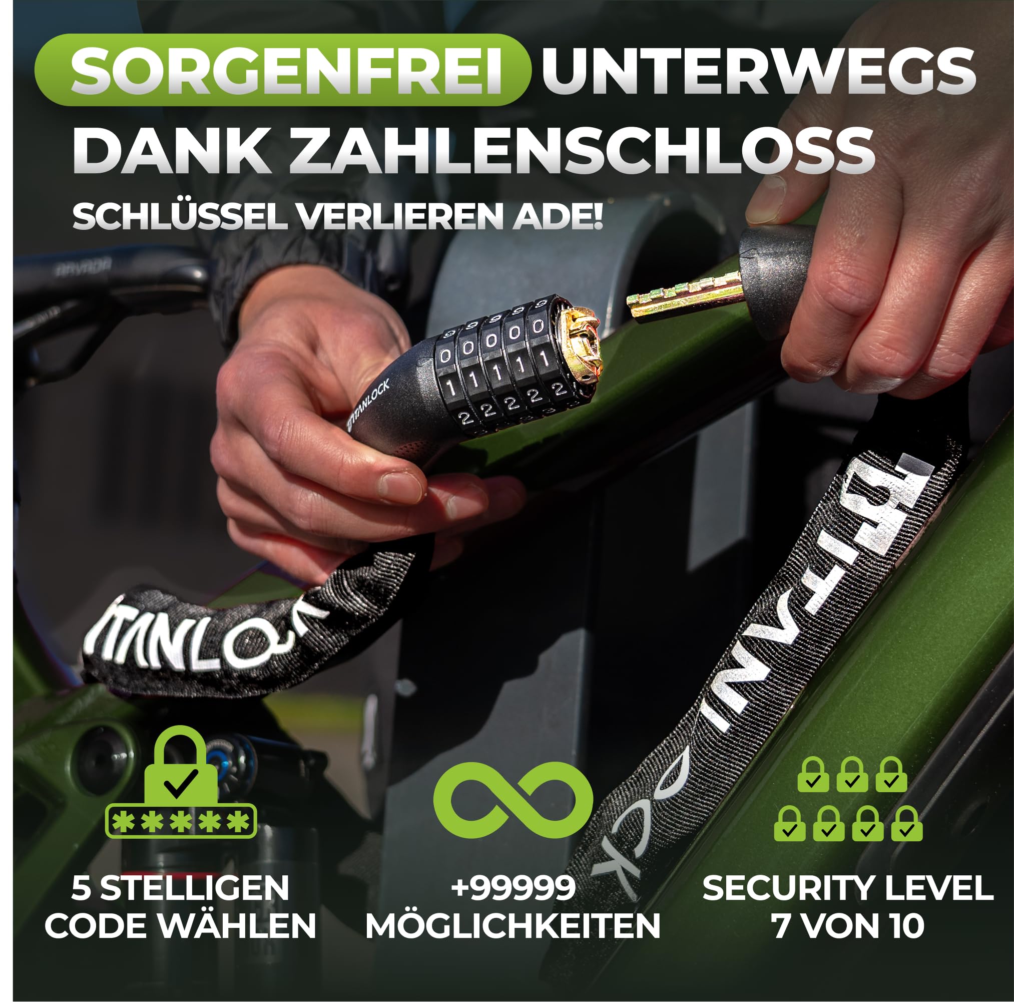 Fahrradschloss Kettenschloss Diebstahlsicher [REFLEKTIEREND] + Leichter Transport Rostfrei Sicherheitsstufe 7/10