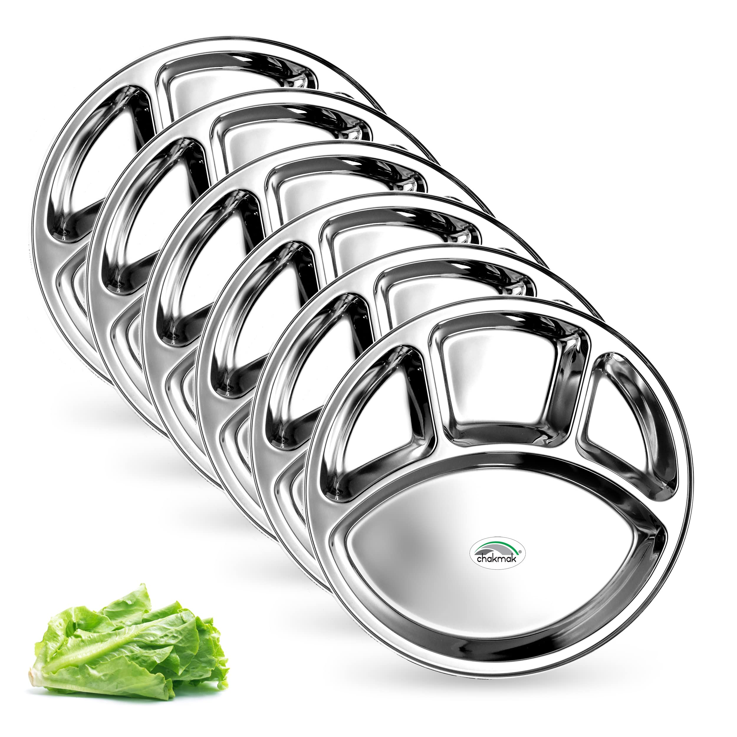 Chakmak 4 in 1 Stainless Steel Bhojan Thali Round, Compartment Divided Dinner Plate, Silver(12 Inch) Set of 6