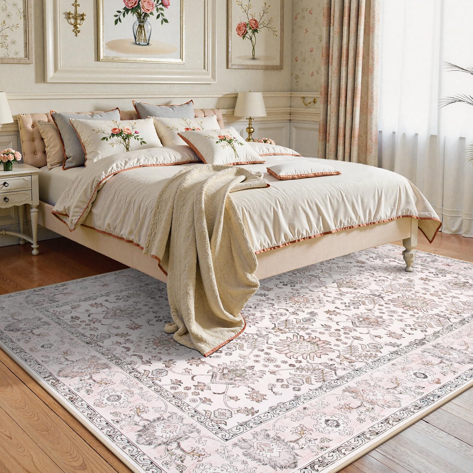 Lahome Boho Bedroom Rugs 8x10 Non Slip, Washable Pink Rugs for Bedroom Girls Ultra-Thin,Vintage Large Carpet for Living Room Dining Room Nursery Room Dorm Classroom (Pink, 8' x 10') 8' x 10'