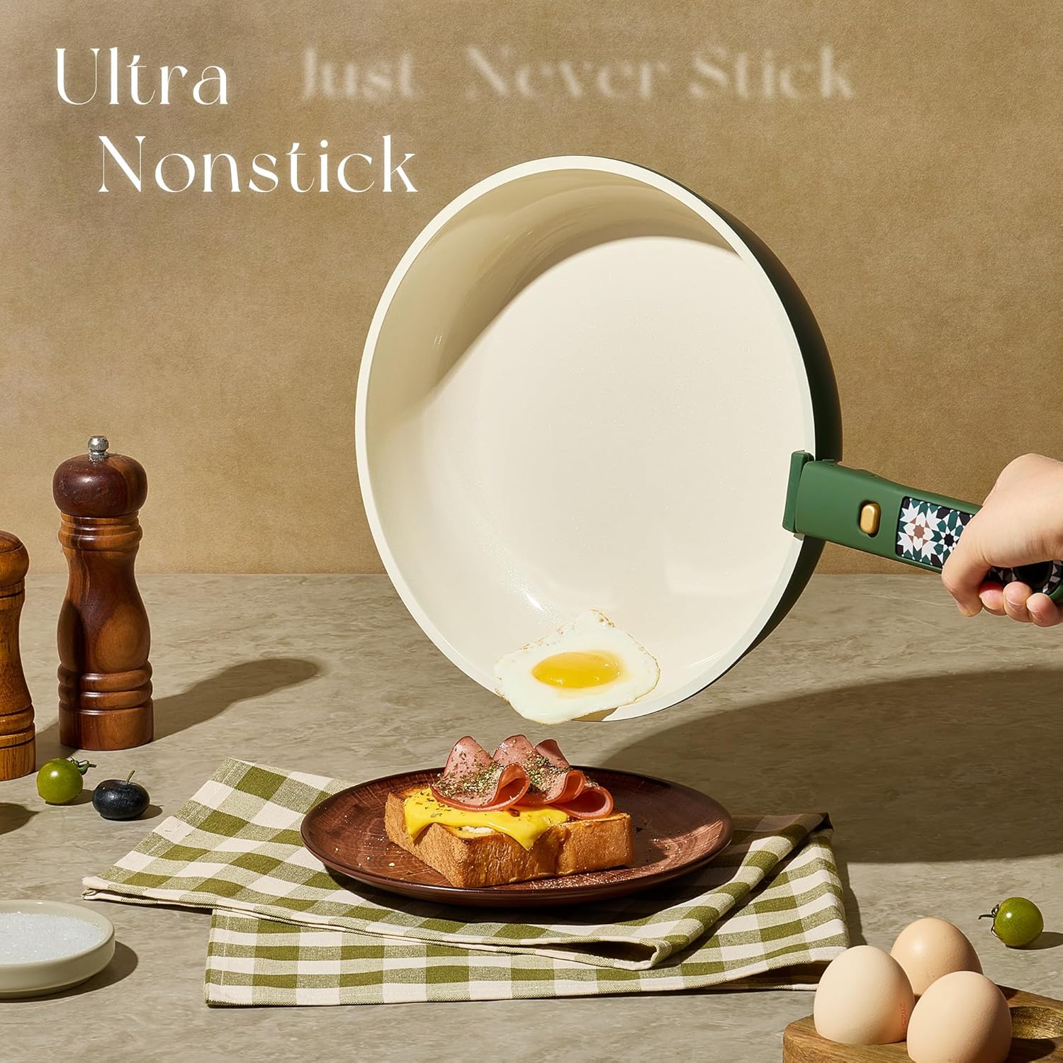 CAROTE 19Pcs Ceramic Cookware Set, Pots and Pans Set Non stick, Non Toxic Cookware Detachable Handle, Kitchen Cooking Set - Induction Cookware, Dishwasher/Oven Safe, PFAS Free, Green - Image 3