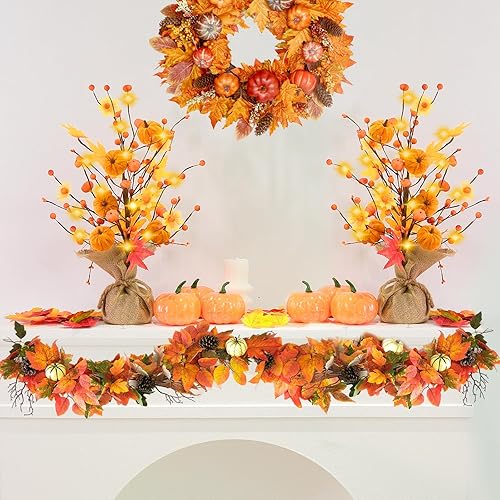 Miniatura 5 de Decoraciones de otoño para el hogar, paquete de 2 árboles artificiales de hoja de arce de calabaza de otoño de 24 pulgadas con luces para mesa de