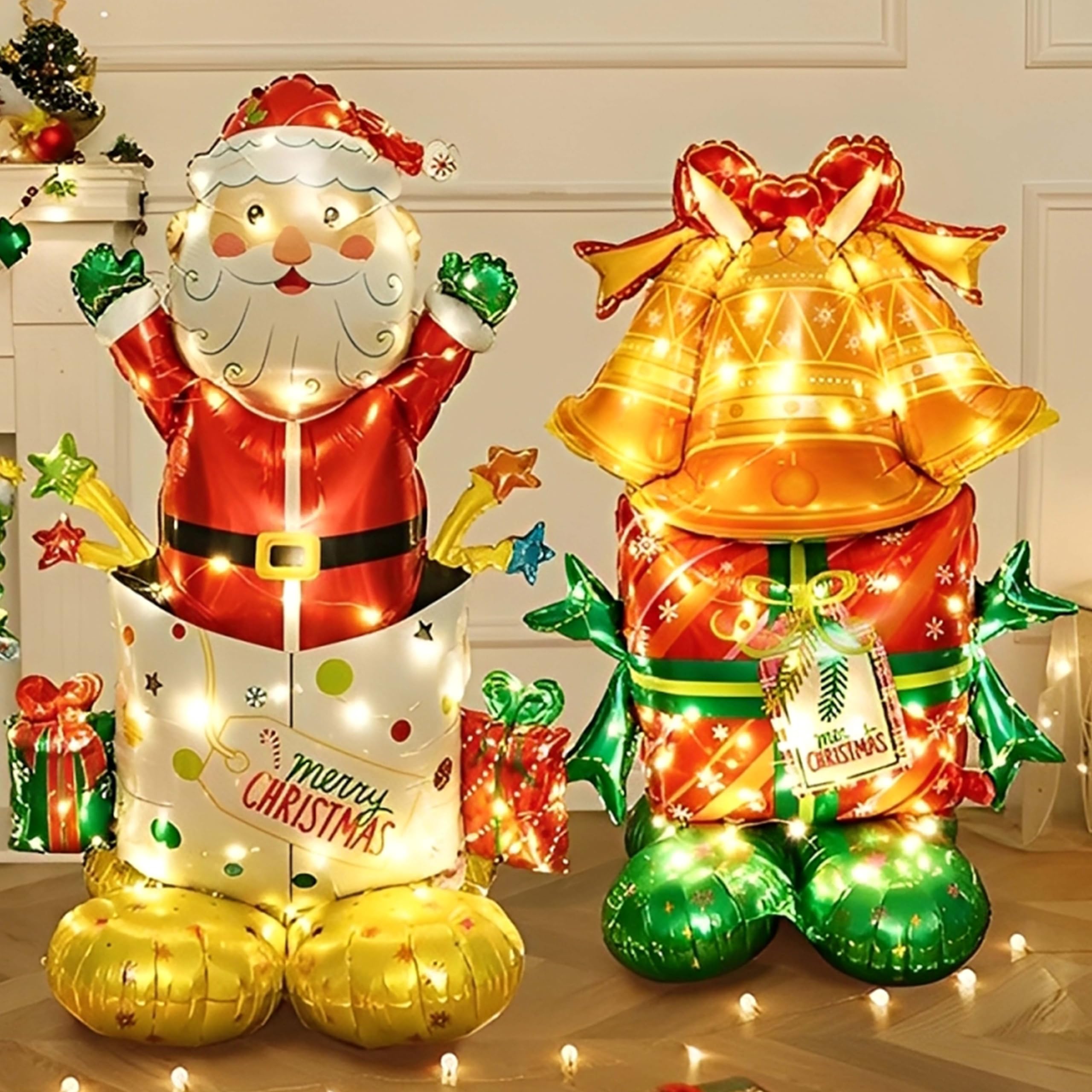 PopBloクリスマスバルーン 風船 ライト付き クリスマス装飾 サンタさん 鈴 風船 飾り 玄関 お店 Merry Christmas パーティーグッズ イベント デコレーション 大きい