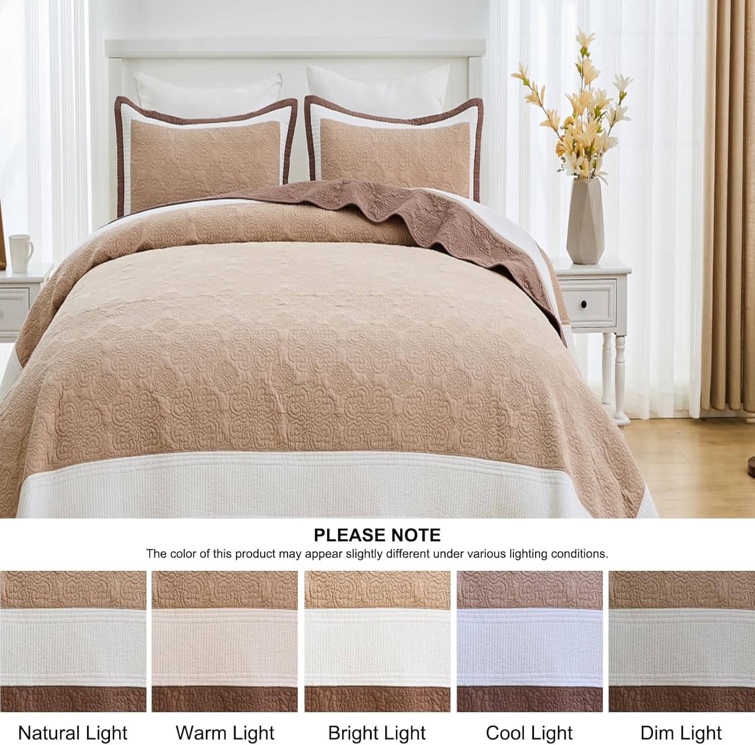 100% Cotton Bedspread Set Oversized Queen Size - 120"x102" Brown Farmhouse Quilt Set with 2 Pillowshams, Lightweight Comforter, Soft Breathable Reversible Coverlet Bedding 3pcs, Brown