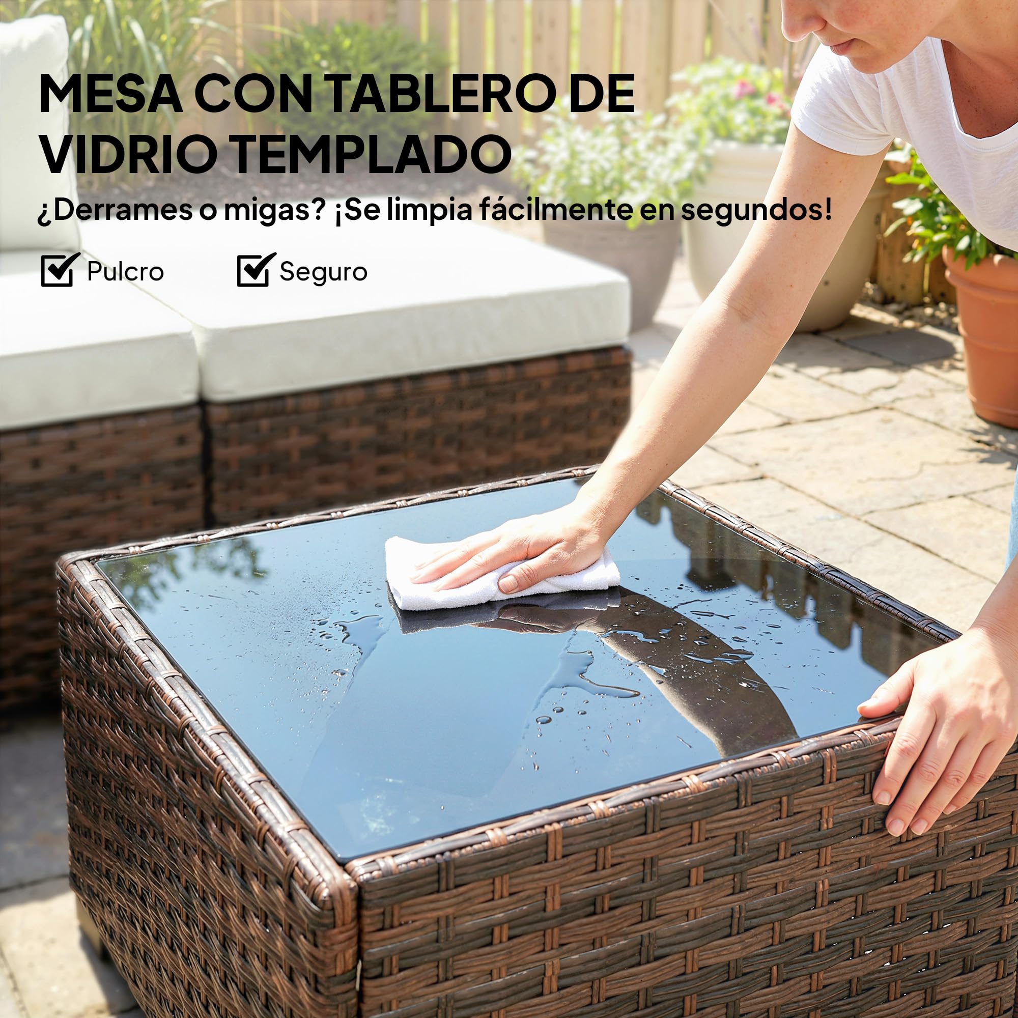 Outsunny Conjunto de Jardín de Ratán de 6 Piezas, Conjunto Terraza Resistente, Muebles Jardín Exterior Incluye Cojines, 4 Módulos de Asiento, 1 Sofá Esquinero y Mesa Centro de Vidrio, Marrón Mixto