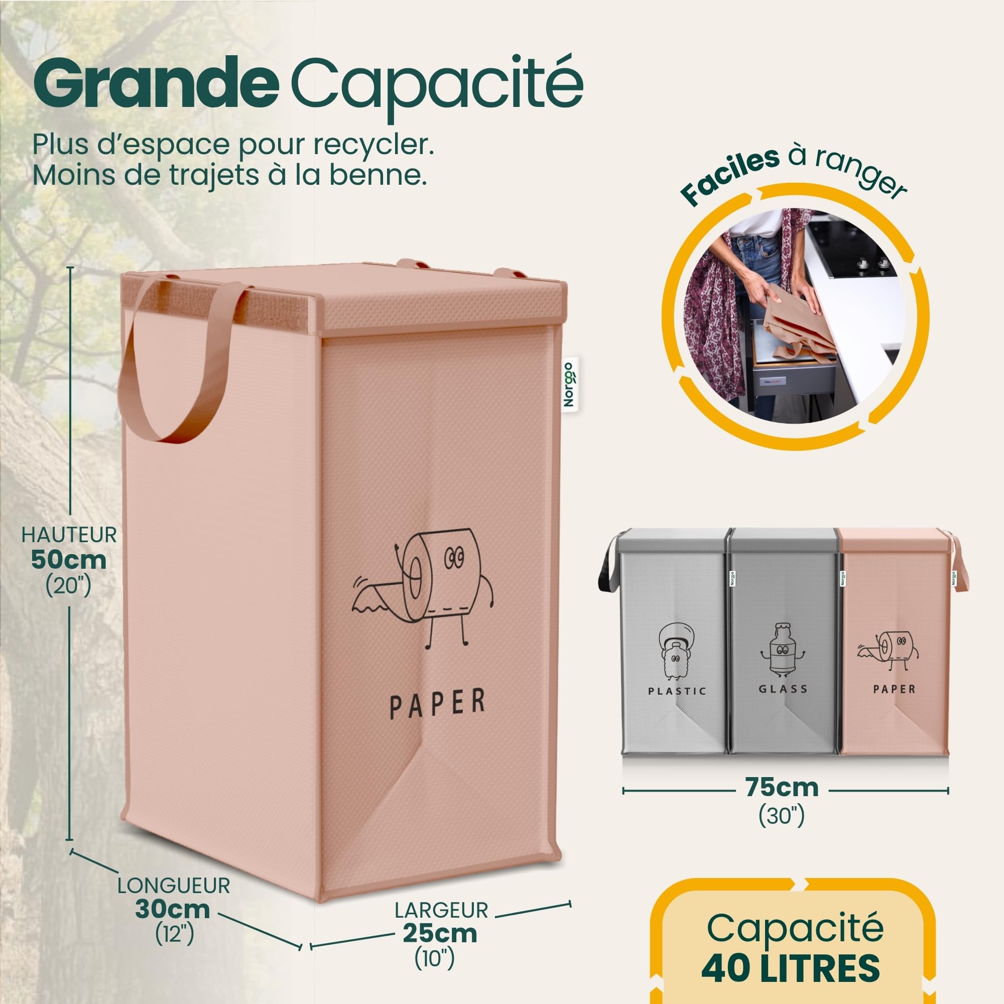 Poubelle tri selectif 3 bacs 40L - Sac tri selectif pour le plastique, le papier et le verre - Flexible poubelle de tri avec poignée - Bac de tri pour déchets et recyclage