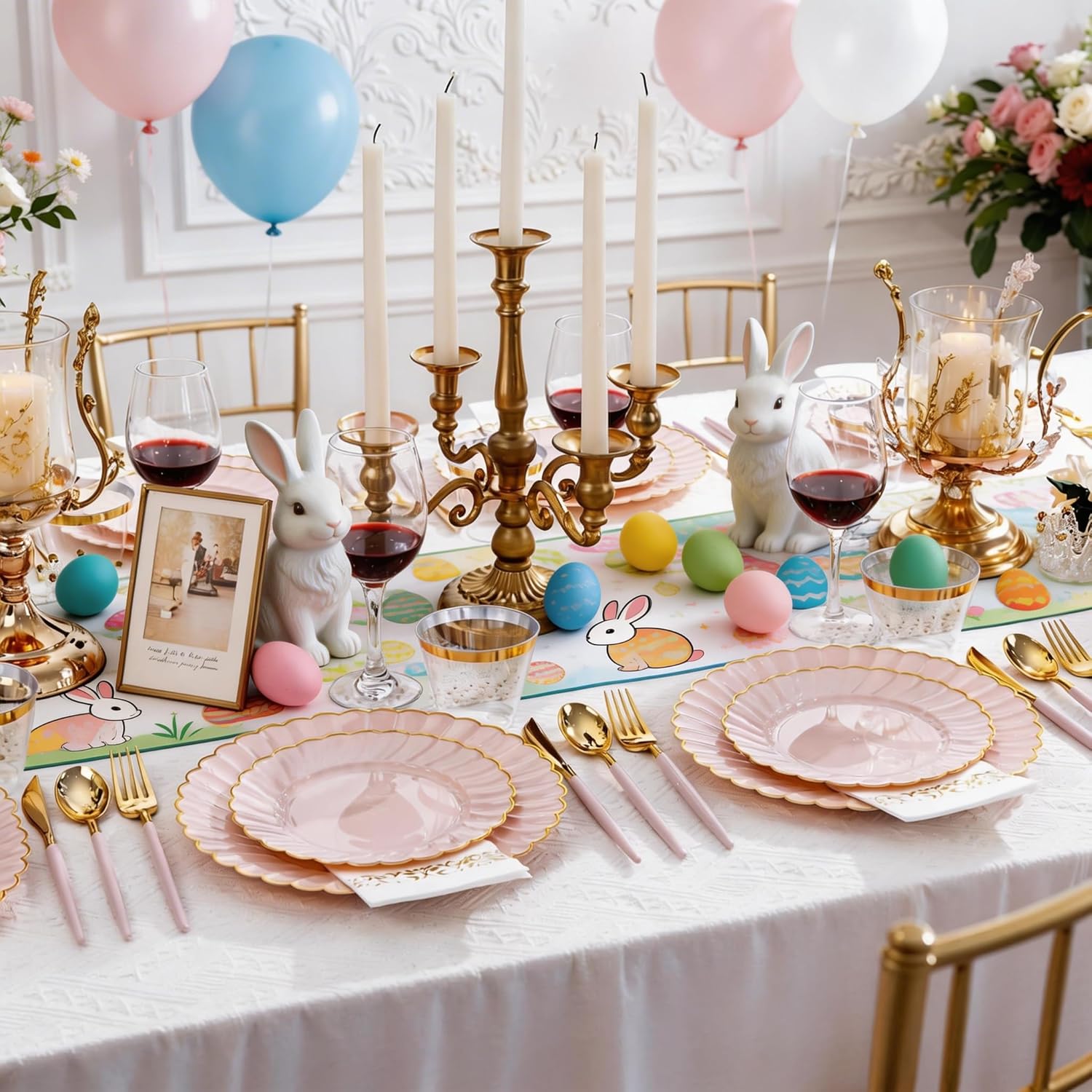 Ciaell 175 PCS Pink Scalloped Plastic Plates with Gold Trim - Pink Plastic Silverware with Handle - Fancy High-End Dinnerware Sets for Wedding & Baby Showers & Party & Easter