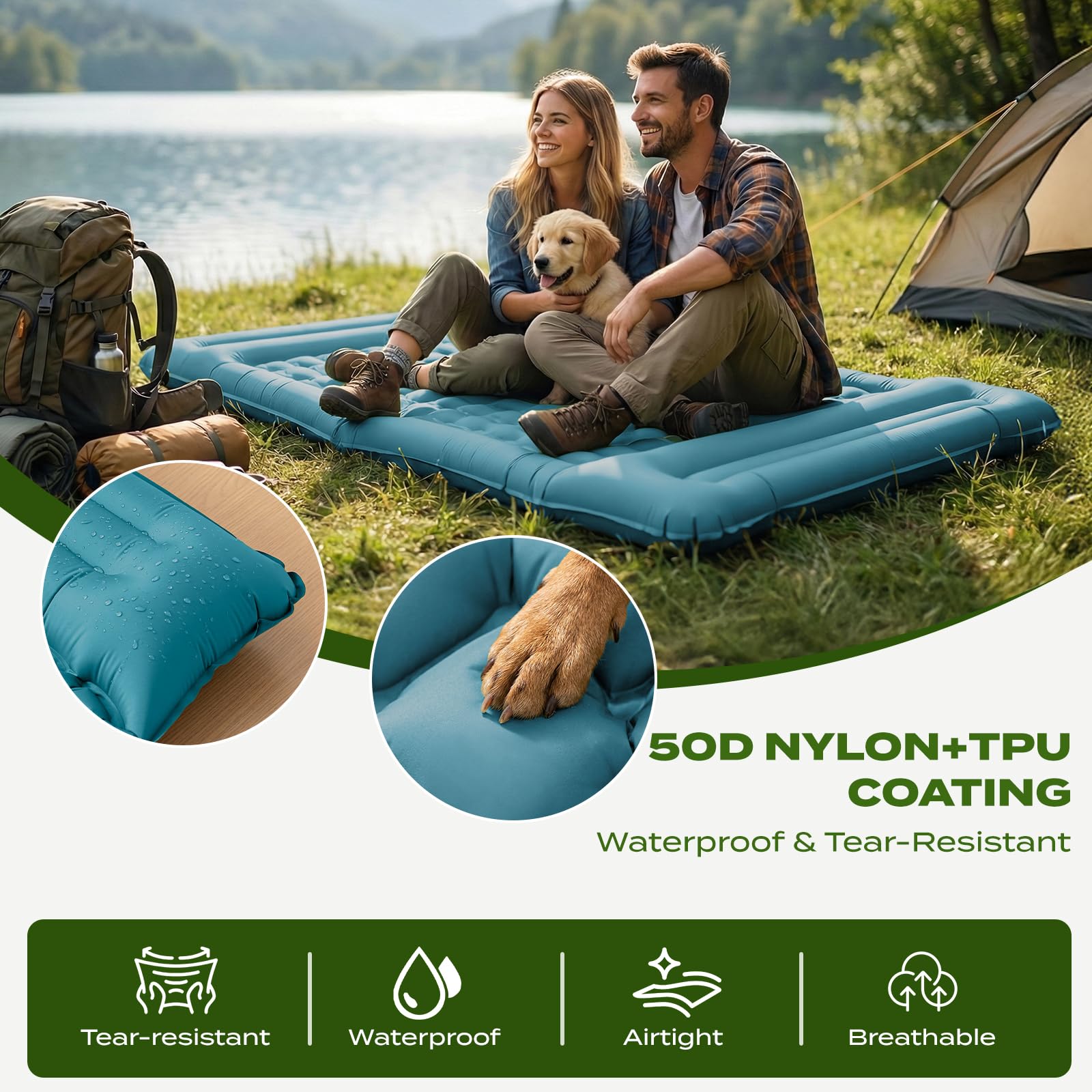 Materassino da Campeggio per Due con Pompa a Pedale, Autogonfiabile Materasso Gonfiabile XXL, Gonfiabile doppio con Cuscino, Verde acqua, 196x135x12cm Oversized (Motivo a quadri)