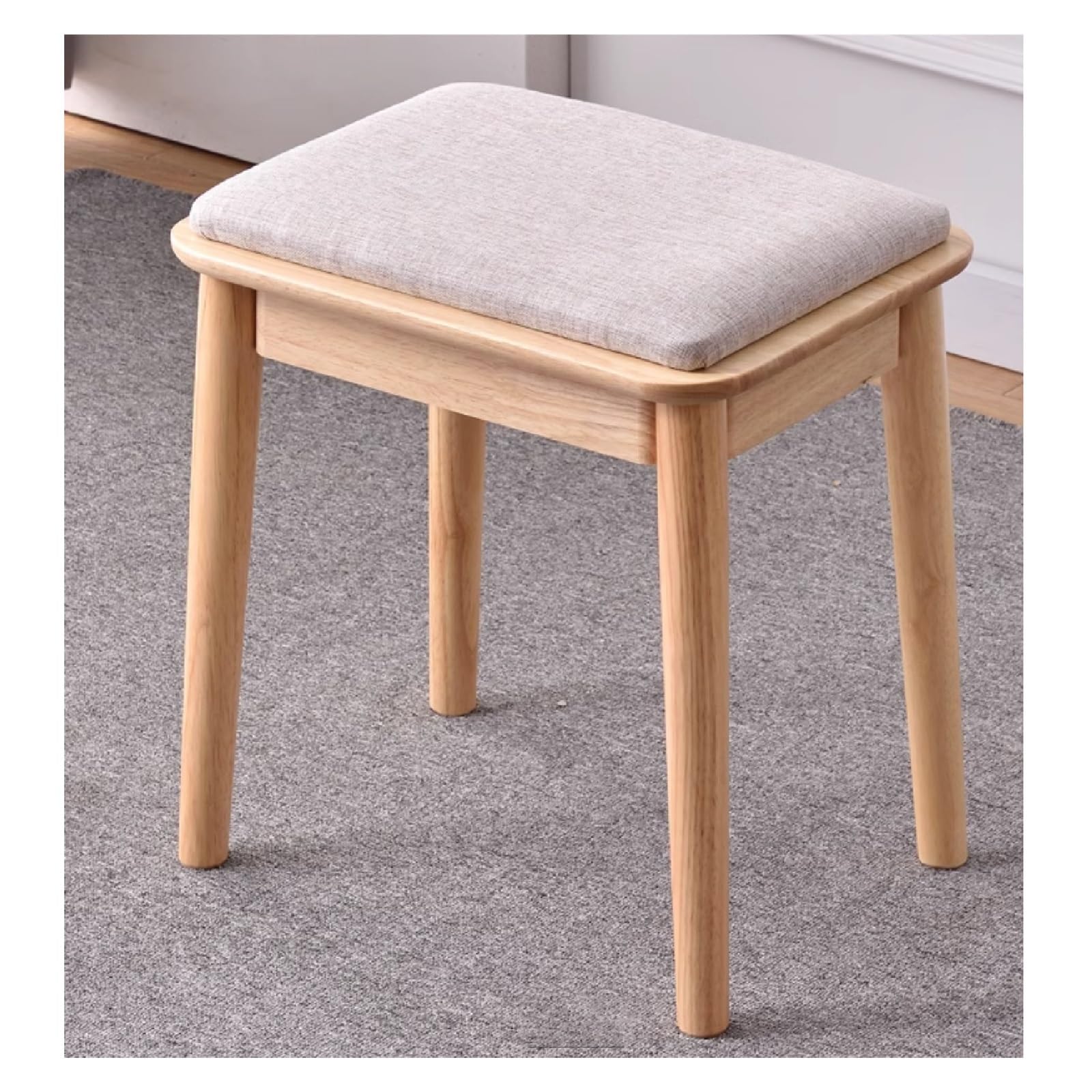 Taburete de tocador de lino fino y base de madera maciza de alta densidad