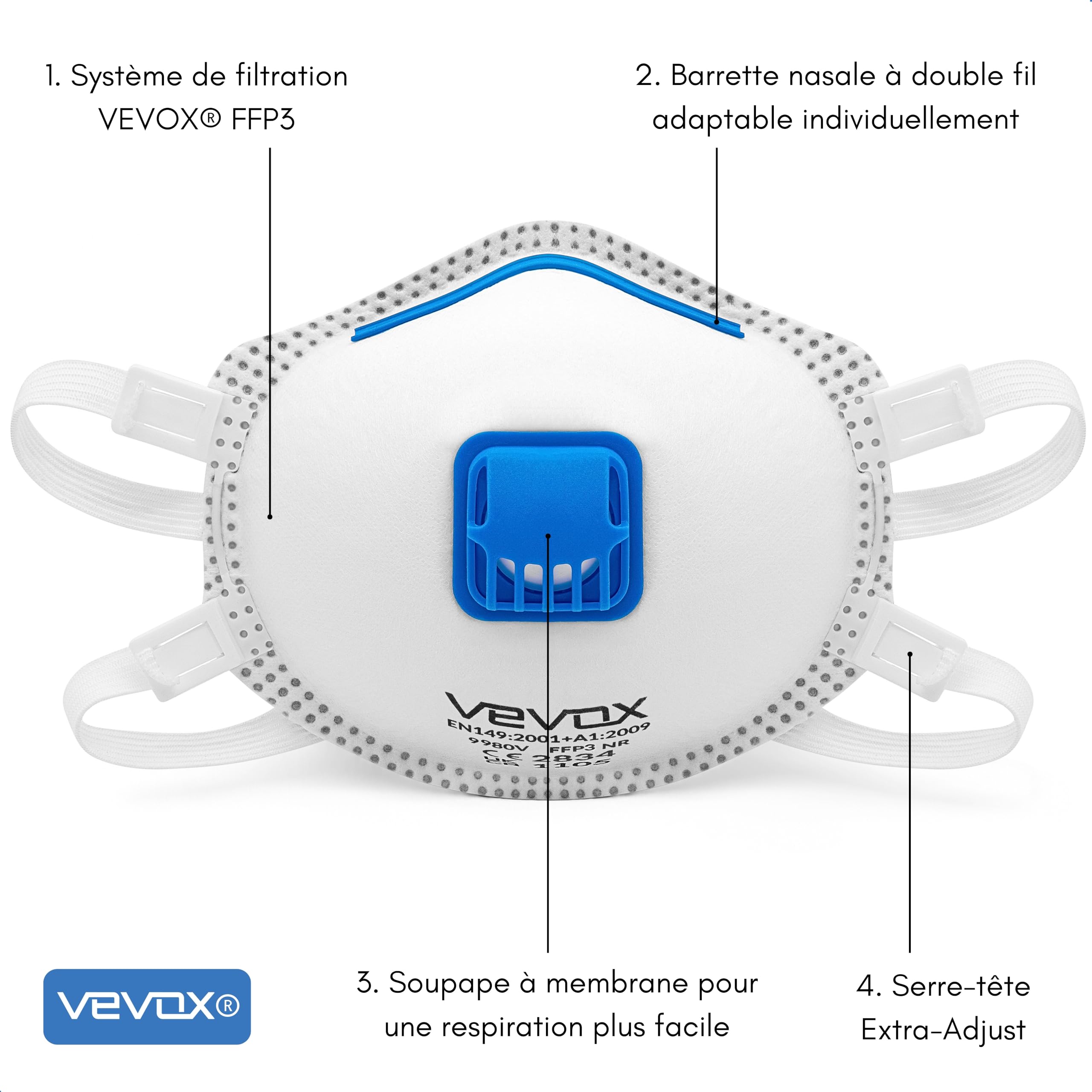 VEVOX® Masque FFP3 - Lot de 5 - Masques Travaux, Chantier et Bricolage anti Poussière avec Valve - Protection contre p. ex. Amiante, Peinture, Moisissure ou Produits Chimiques