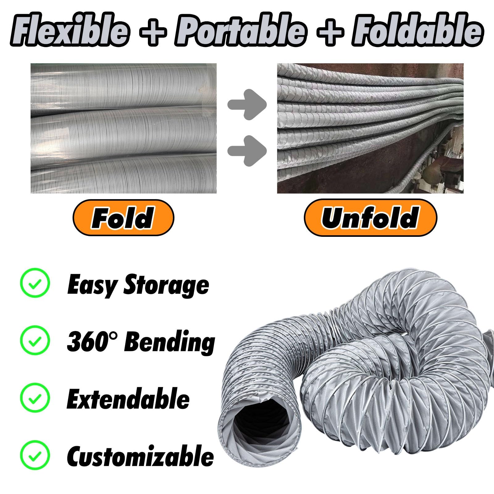 Tubo Flexible Conducto Aire Expandible De 2, 4 Y 6 M, Conducto Flexible Para Ventilador/extractor Con Soporte De Acero, Conducto Entrada Portátil(6ft/2m,ID 7in/180mm)