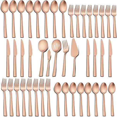 Miniatura 10 de LIANYU Juego de cubiertos de 65 piezas color negro mate con utensilios para servir, juego de cubiertos de acero inoxidable para 12, vajilla cuadrada