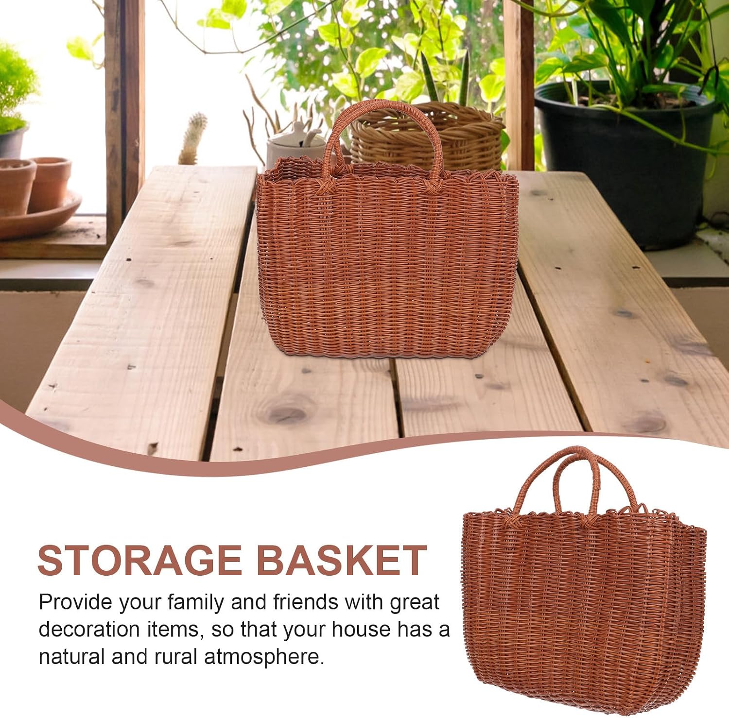 Rattan Shopping Basket with Handle, Plastic Woven Storage for Bread