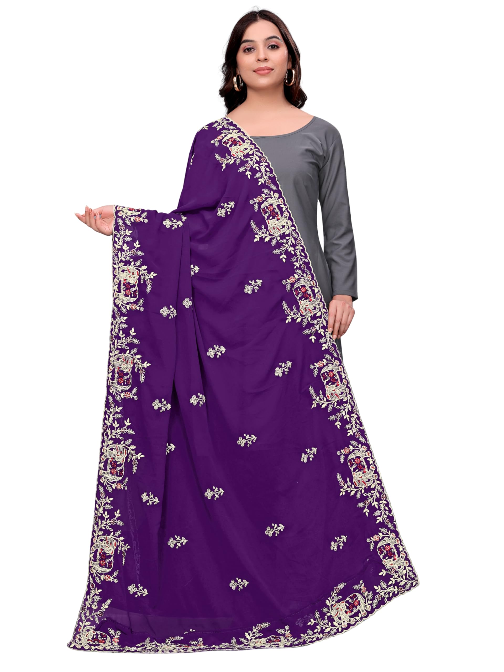 kemza Georgette Embroidered Dupatta 2.5 Meter with Sequins Coding Work Floral Hathi Phulkari Design for Ethnic Traditional Styling-picture-18