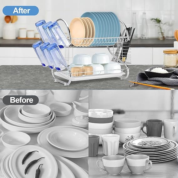 2-Tier Kitchen Dish Drying Rack with Utensil Holder, Space-Saving Dish Drainer for Countertops, Compact Dish Organizer for Plates, Cups, and Cutlery