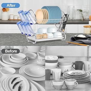 2-Tier Kitchen Dish Drying Rack with Utensil Holder, Space-Saving Dish Drainer for Countertops, Compact Dish Organizer for Plates, Cups, and Cutlery