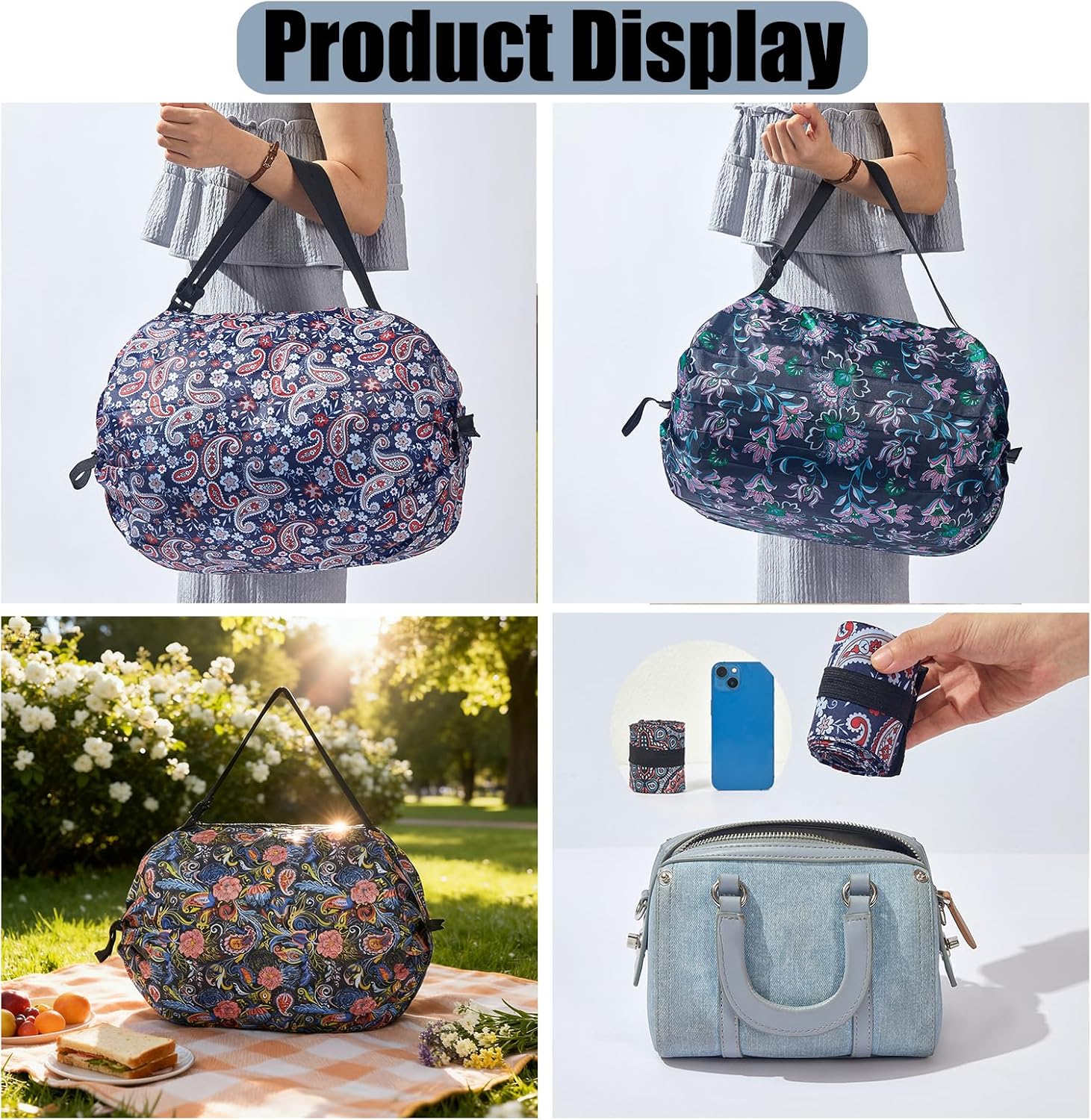 Foldable Reusable Tote Bags - Thickened 210D Nylon Waterproof Grocery Shopping Bag with Zipper & Adjustable Strap - Image 5