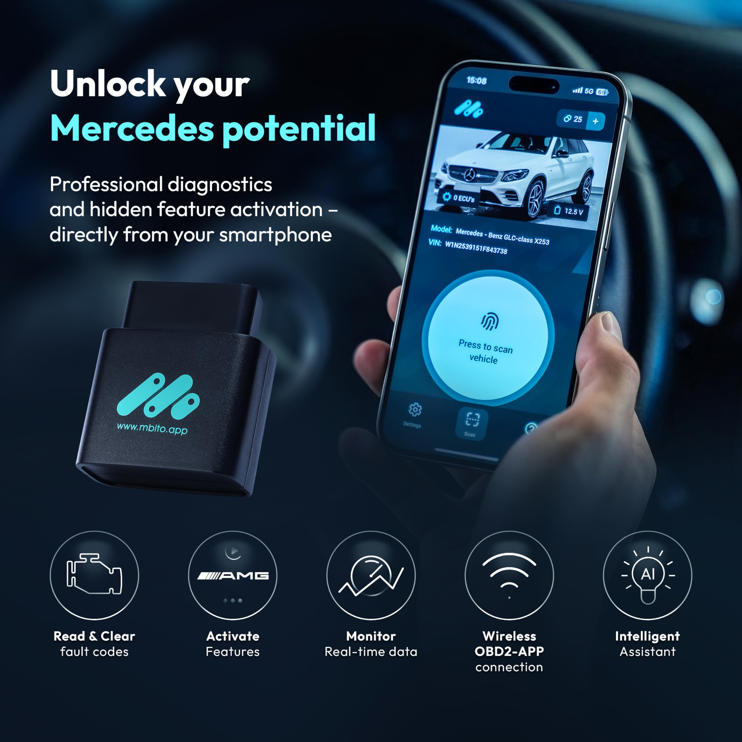 MBito Profesjonalny Skaner OBD2 Bluetooth | Kompatybilny z W204 W205 W212 W213 C117 X253 W166 | Diagnostyka i Kodowanie Pojazdów 2008-2024 | iOS Android