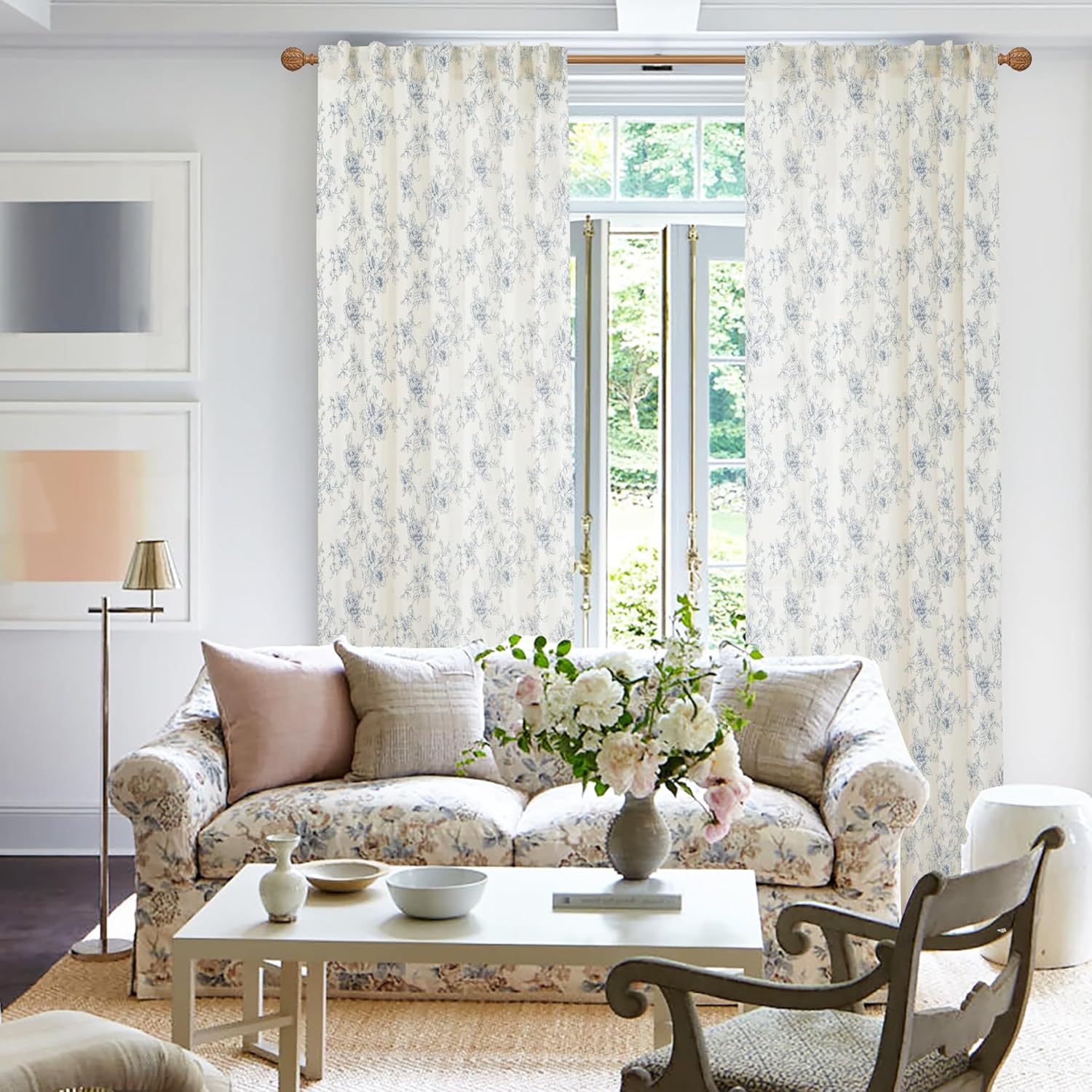 Blue Floral Patterned French Country Curtains, Light Dusty Blue Grey Toile Patterned Linen Farmhouse Coastal Curtains for Living Room Bedroom 84 Inch Length 2 Panels Set