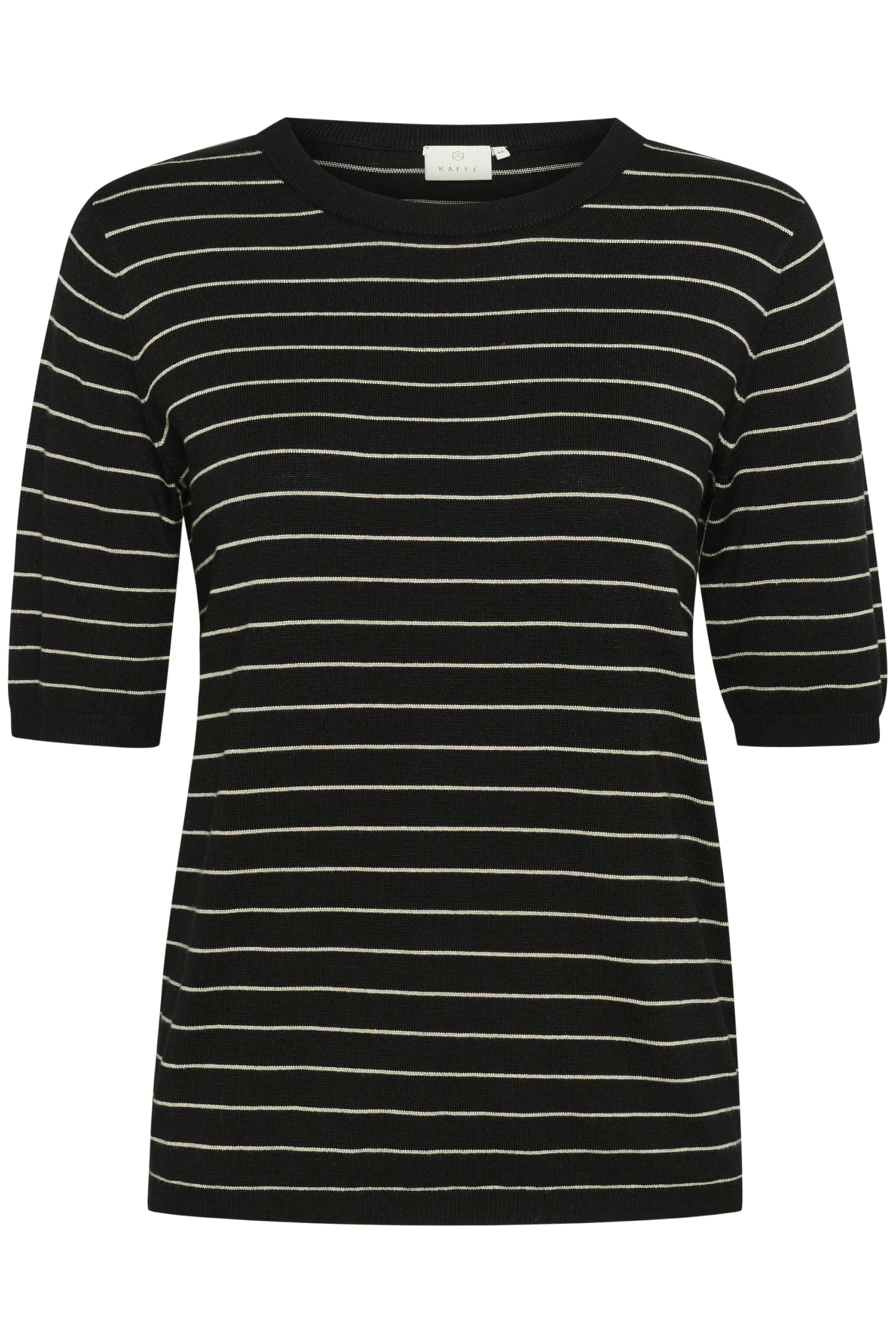 KAFFE Women's Pullover Crew Neck Short Sleeves Regular Fit Horizontal Sweater, Grey Mel./Chalk Narrow Stripe, M
