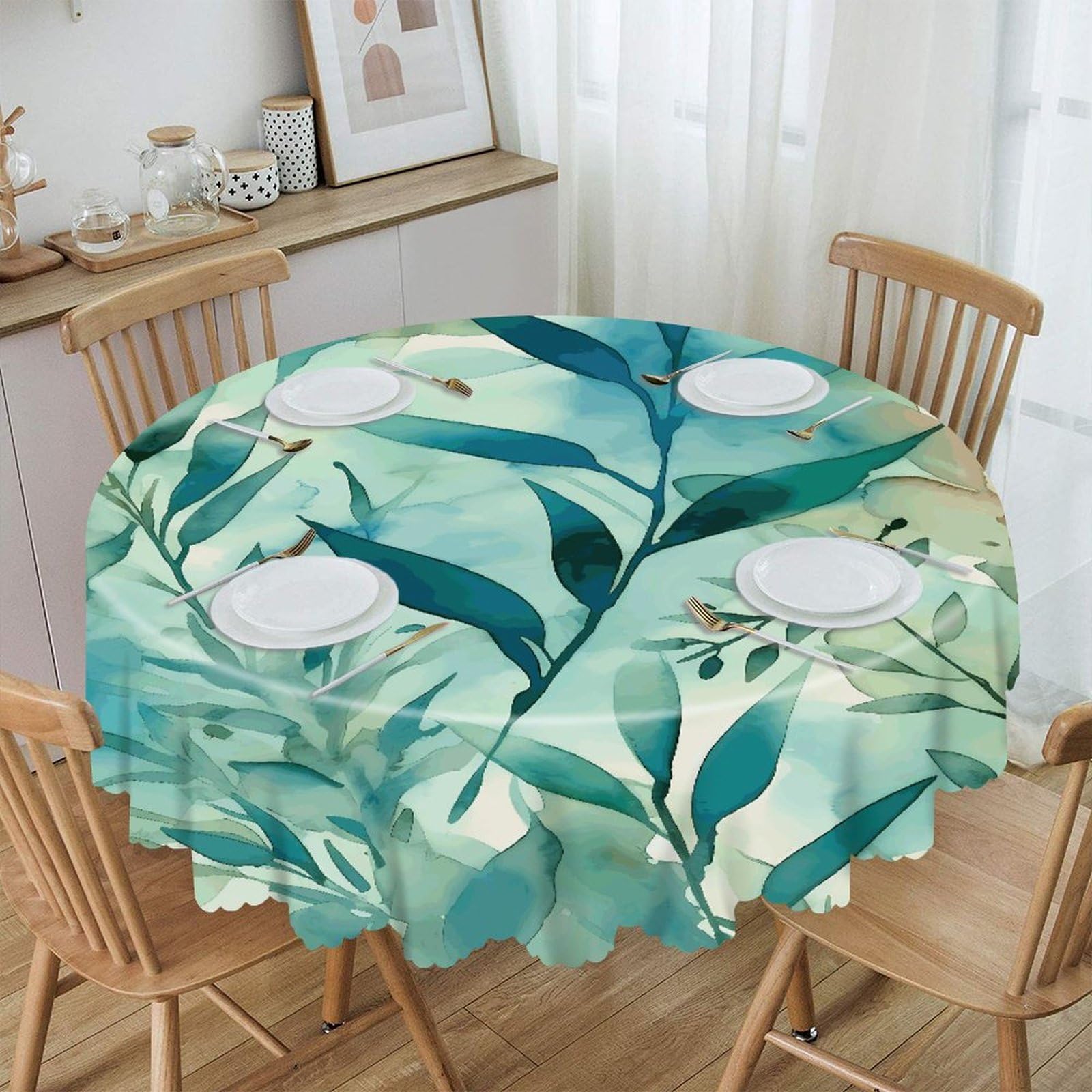 Btcowzrv Style Hand Drawn Leaves Polyester Round Tablecloth 59.84 Inch, Decorative Washable Table Cover, Table Cloth For Restaurant Picnic Indoor And Outdoor Dining