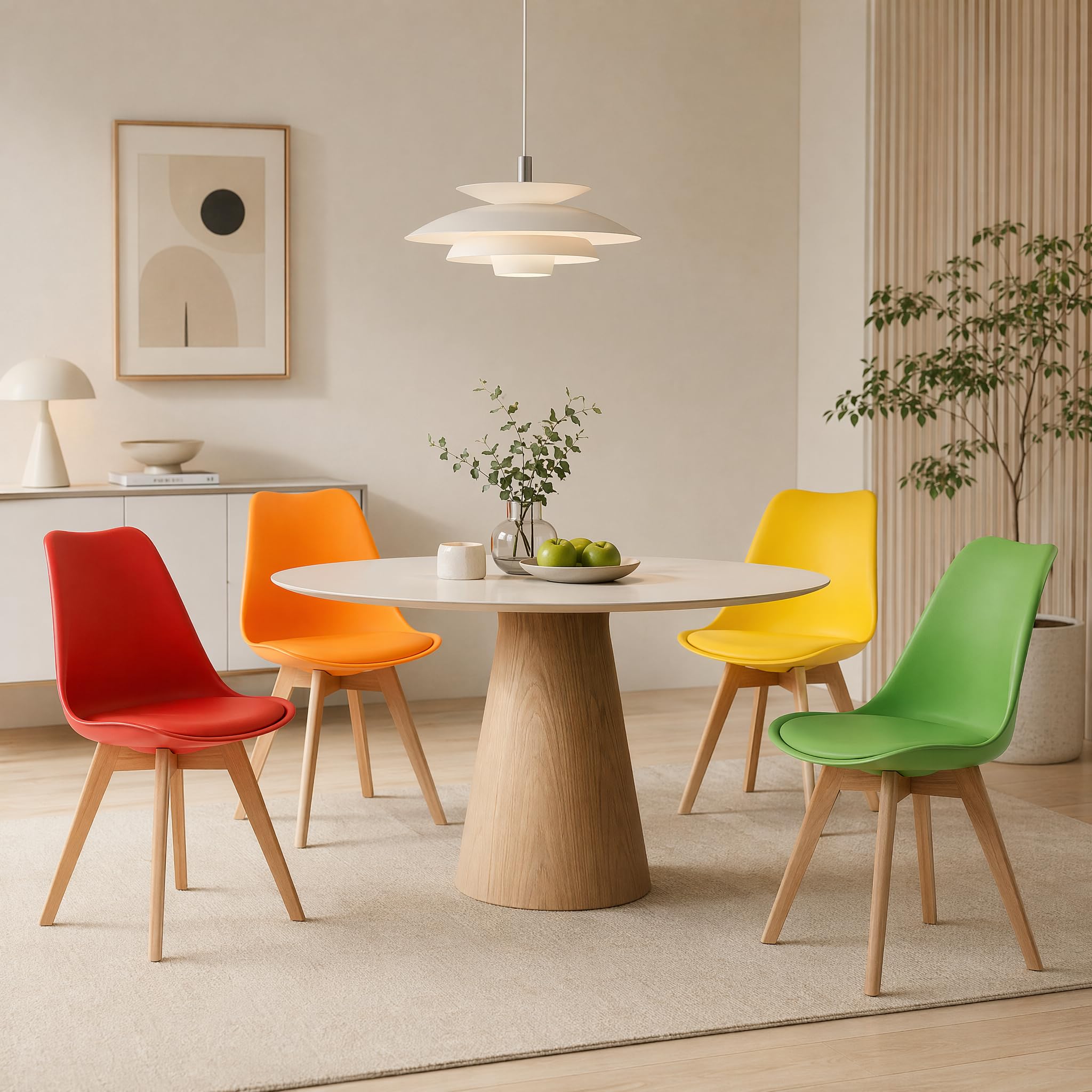 EGGREE Lot de 4 Chaises Scandinaves Multicolores, Chaises de Salle à Manger et de Cuisine, Assise Rembourrée en Simili Cuir PU, Pieds en Bois de Hêtre, Jaune/Rouge/Vert/Orange
