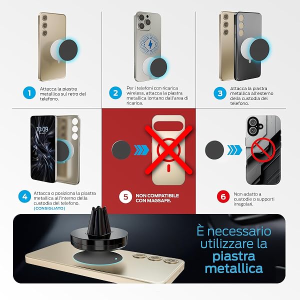 PORTENTUM Porta cellulare auto magnetico ultrapotente (Non compatibile con MagSafe) – Presa estrema con 6 magneti – Supporto telefono per griglia di aerazione – 360° – Per Samsung, Android, iPhone - 2