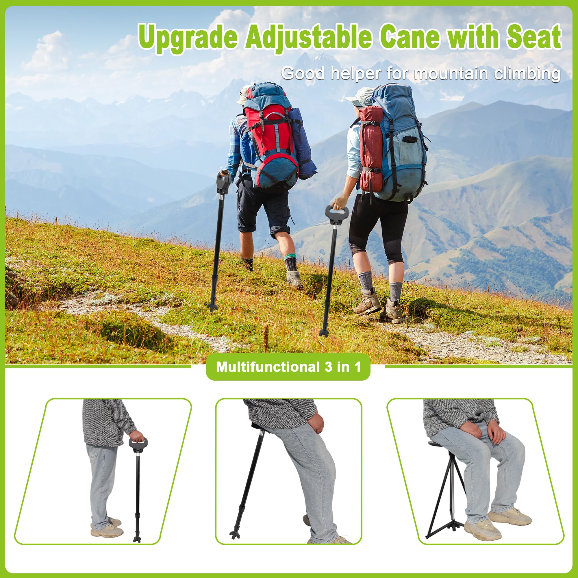 ALEVMOOM Bastone da passeggio con sedile sedia pieghevole bastone da passeggio con sedile portatile retrattile leggero per anziani viaggi all'aperto(Nero)
