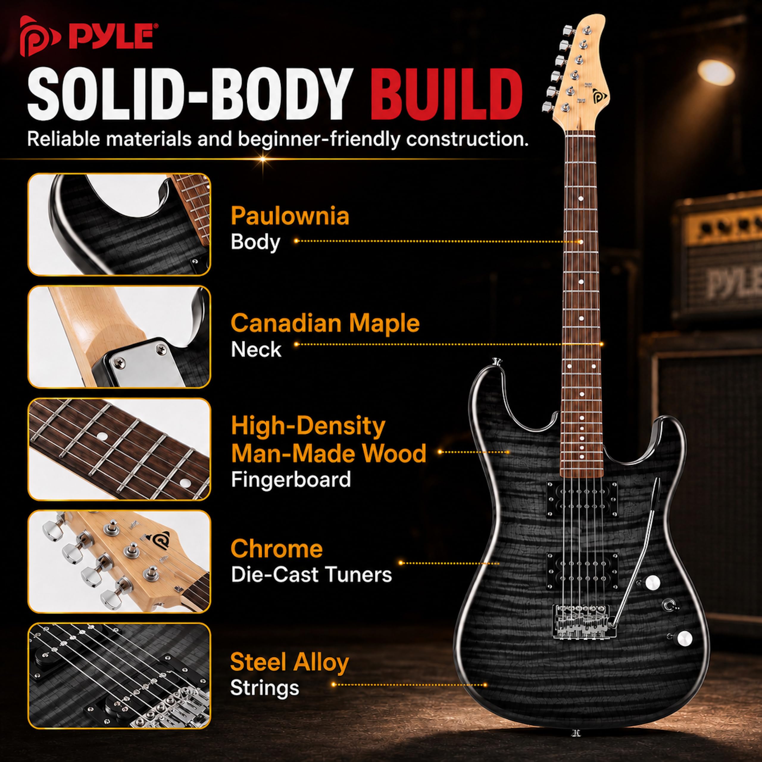 Pyle Kit Guitare Électrique Noir avec Amplificateur pour Débutants, Instrument Standard 39 Pouces avec Micros Humbucker, Set de Démarrage pour Enfants, Jeunes et Adultes